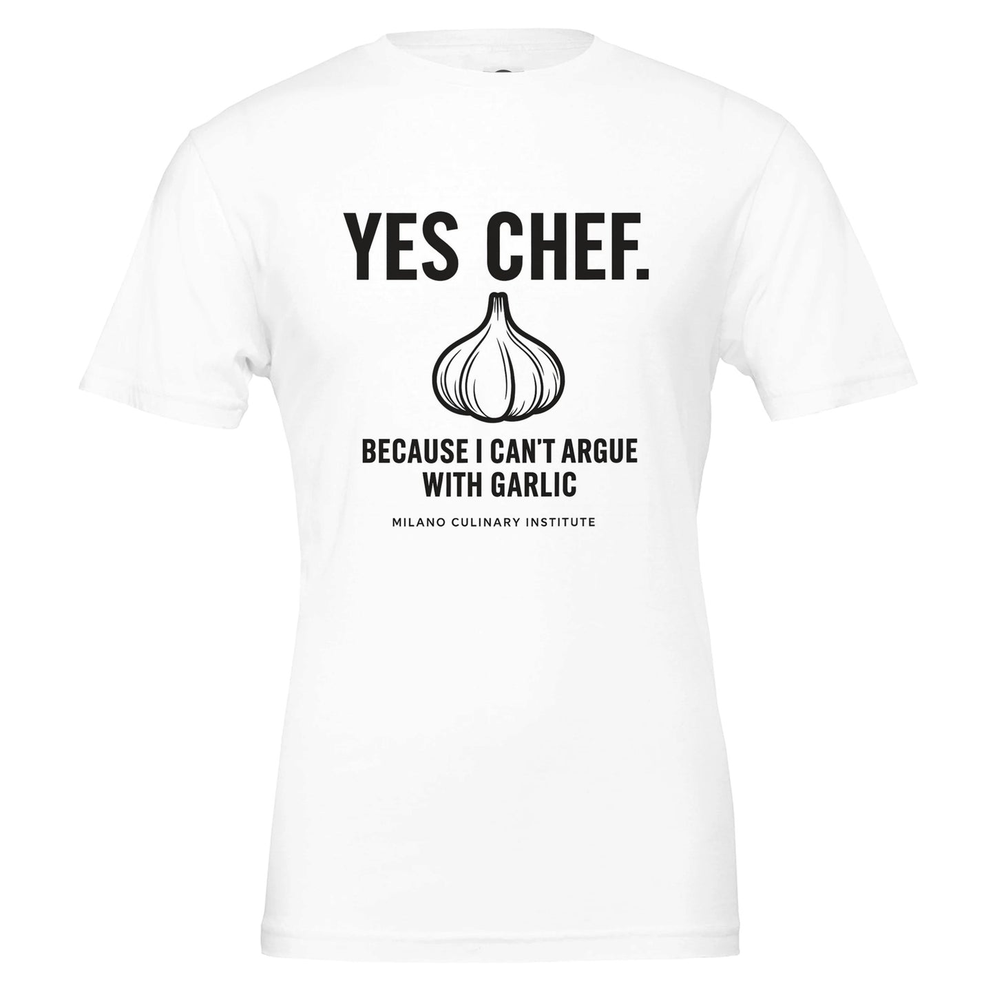 Garlic funny chef t-shirt by Milano Culinary Institute - design closeup Italian kitchen apparel