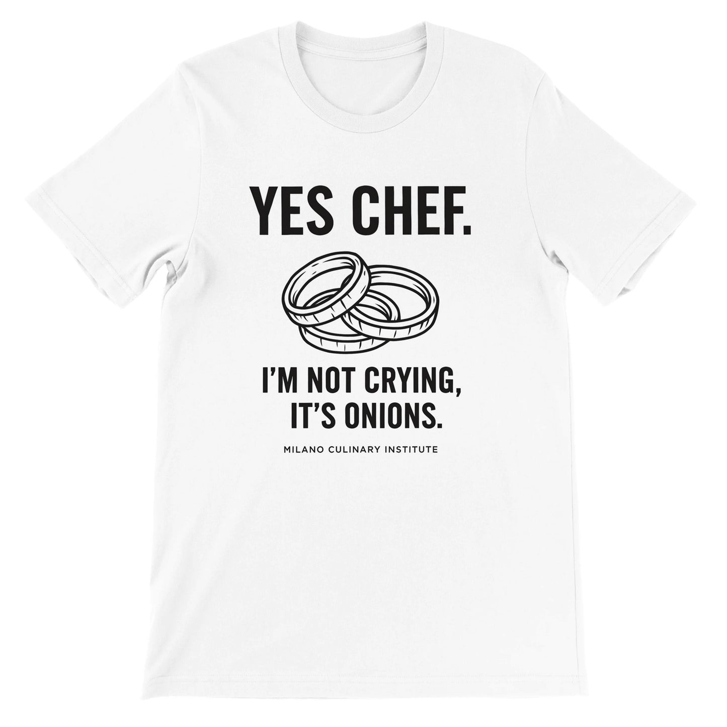 Onions funny chef t-shirt by Milano Culinary Institute - front product view Italian kitchen apparel