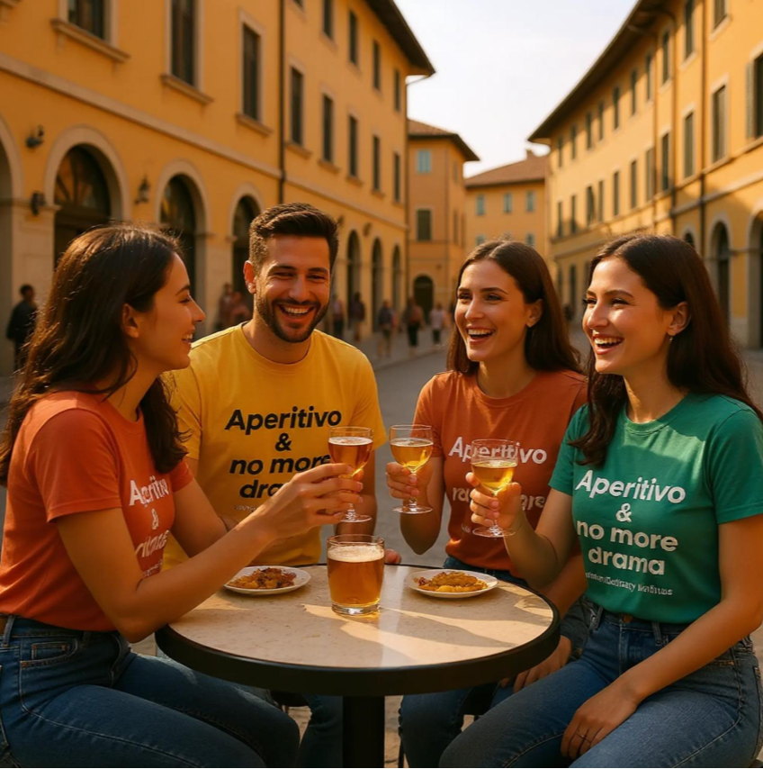 Aperitivo no more drama Italian countryside Milano Culinary Institute - group friends Italian cooking apparel