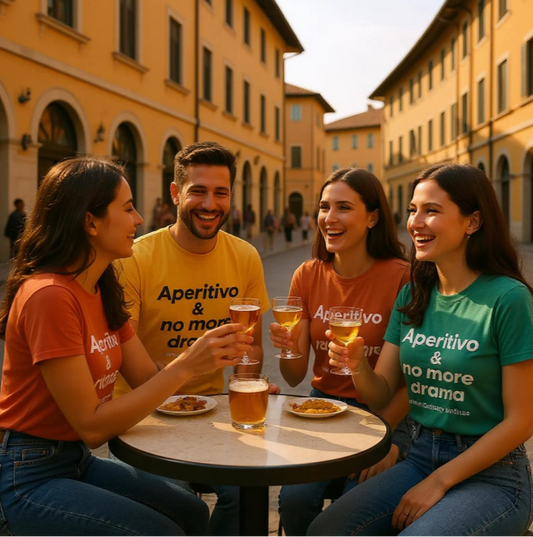 Aperitivo no more drama Italian countryside Milano Culinary Institute - group friends Italian cooking apparel