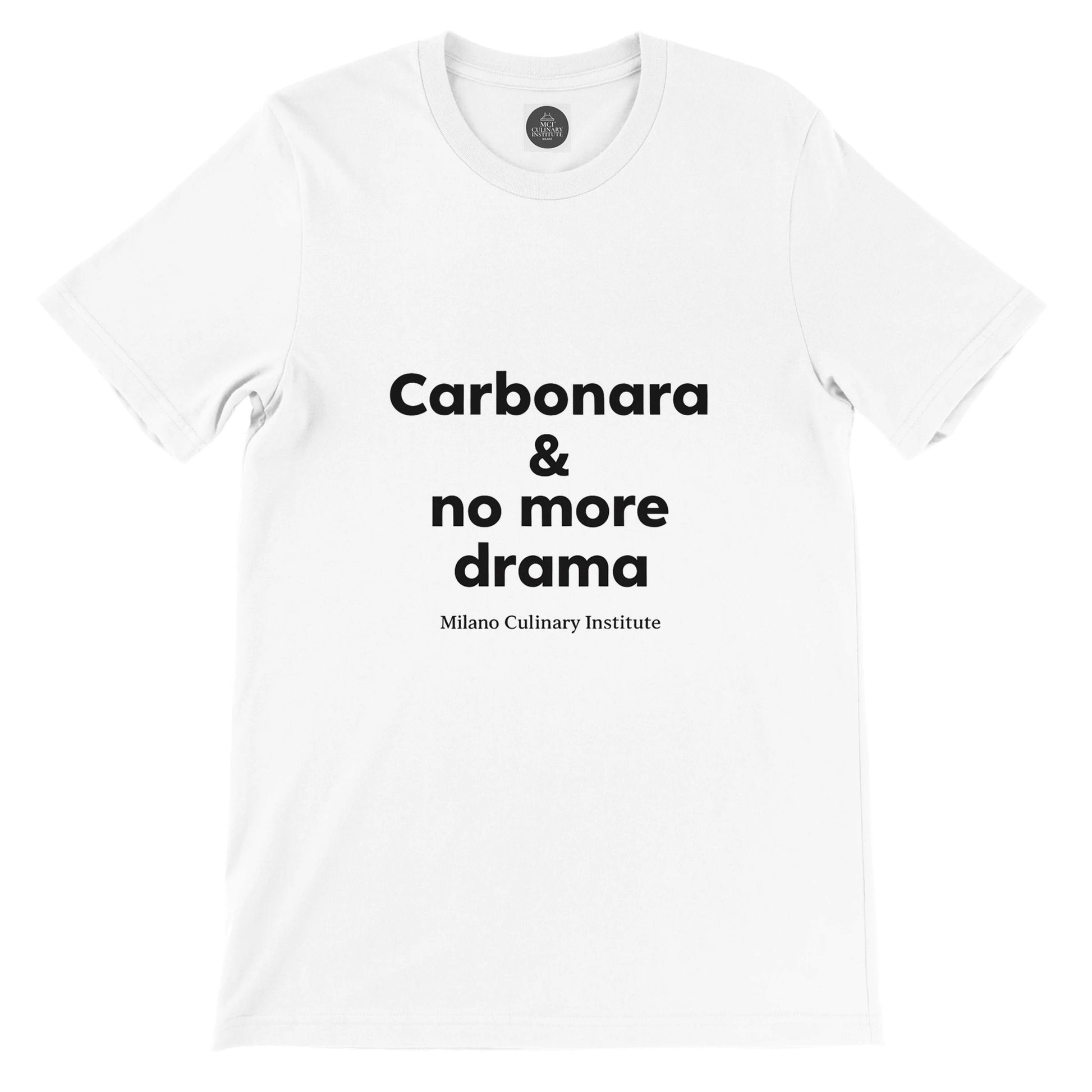 
Carbonara no more drama flat lay Milano Culinary Institute - product view Italian kitchen apparel