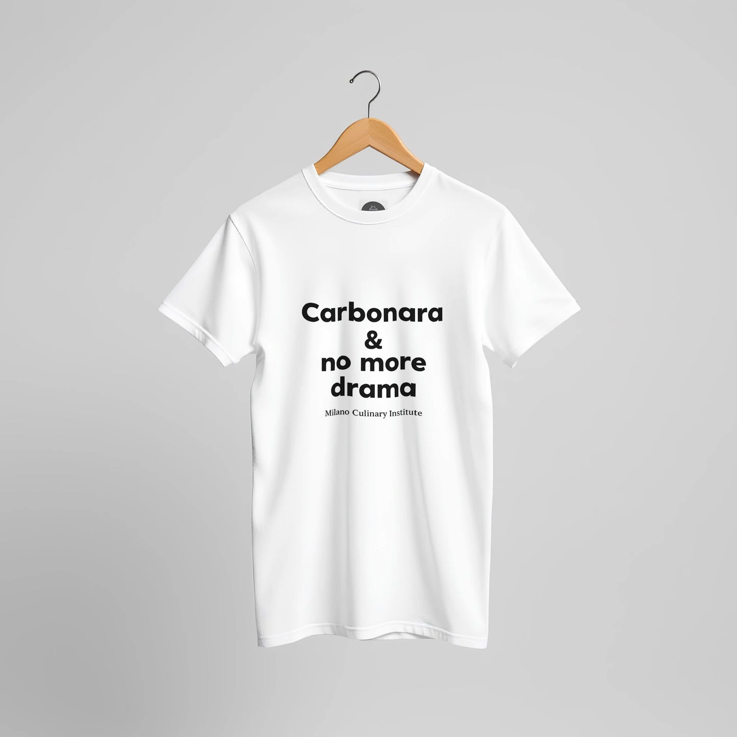 Carbonara no more drama hanger display Milano Culinary Institute - professional Italian kitchen apparel