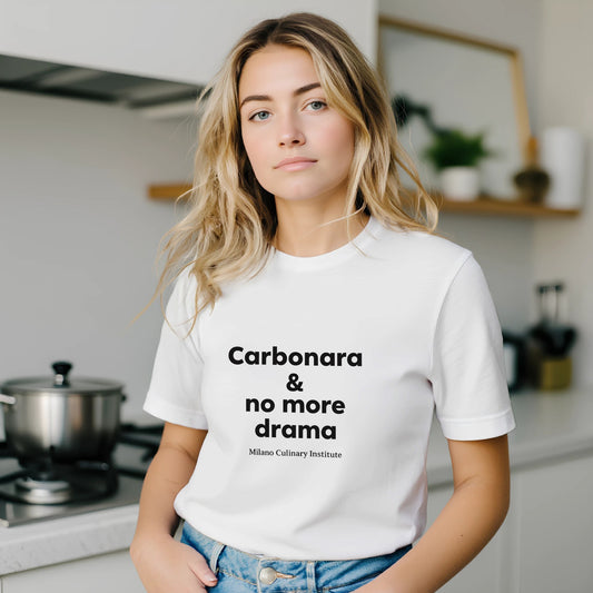 Carbonara no more drama kitchen lifestyle Milano Culinary Institute - female chef cooking apparel