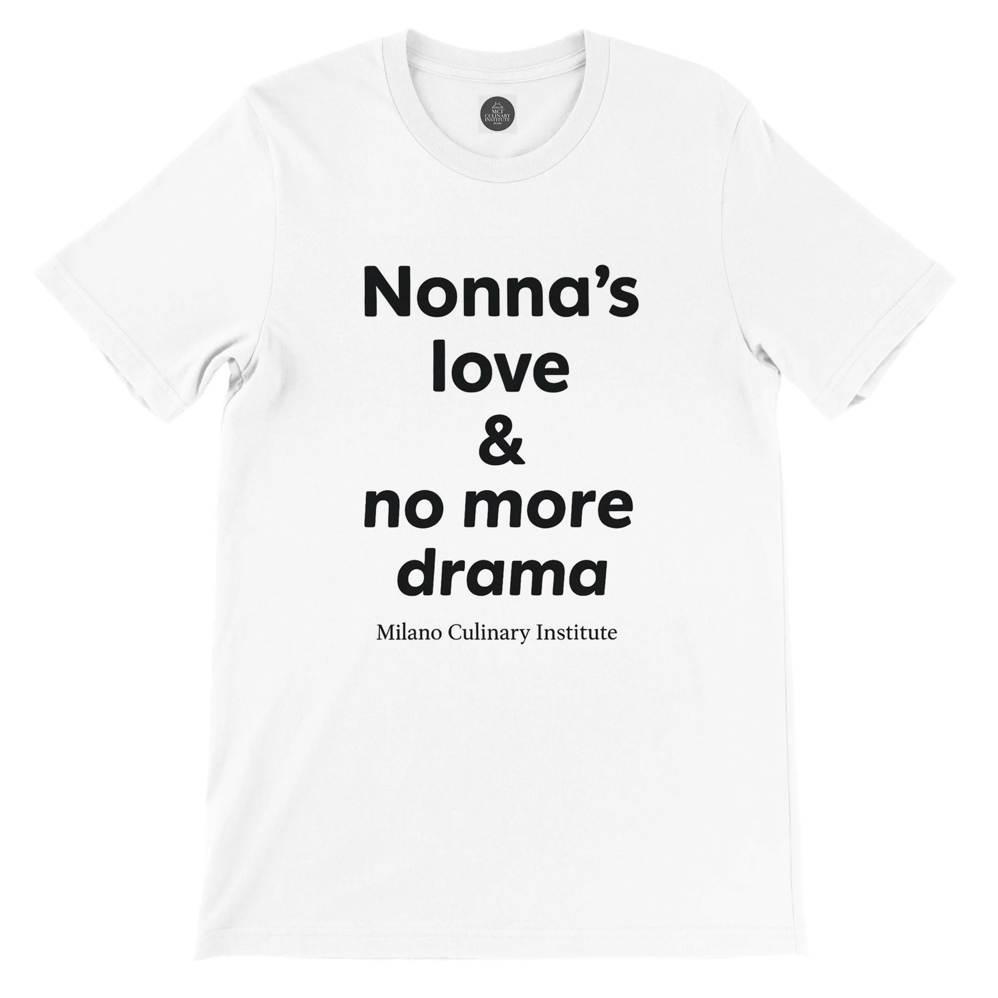 Nonnas love no more drama flat lay Milano Culinary Institute - product view Italian kitchen apparel