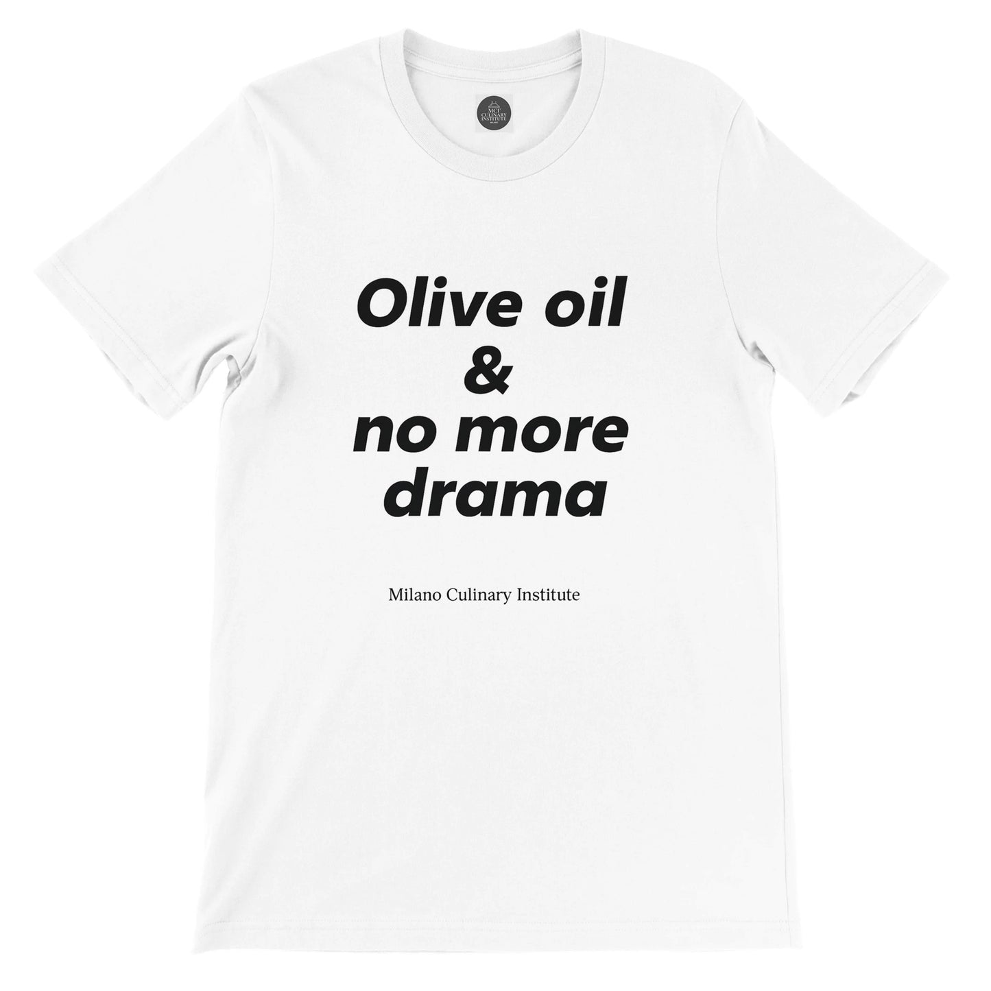 Olive oil no more drama flat lay Milano Culinary Institute - product view Italian kitchen apparel
