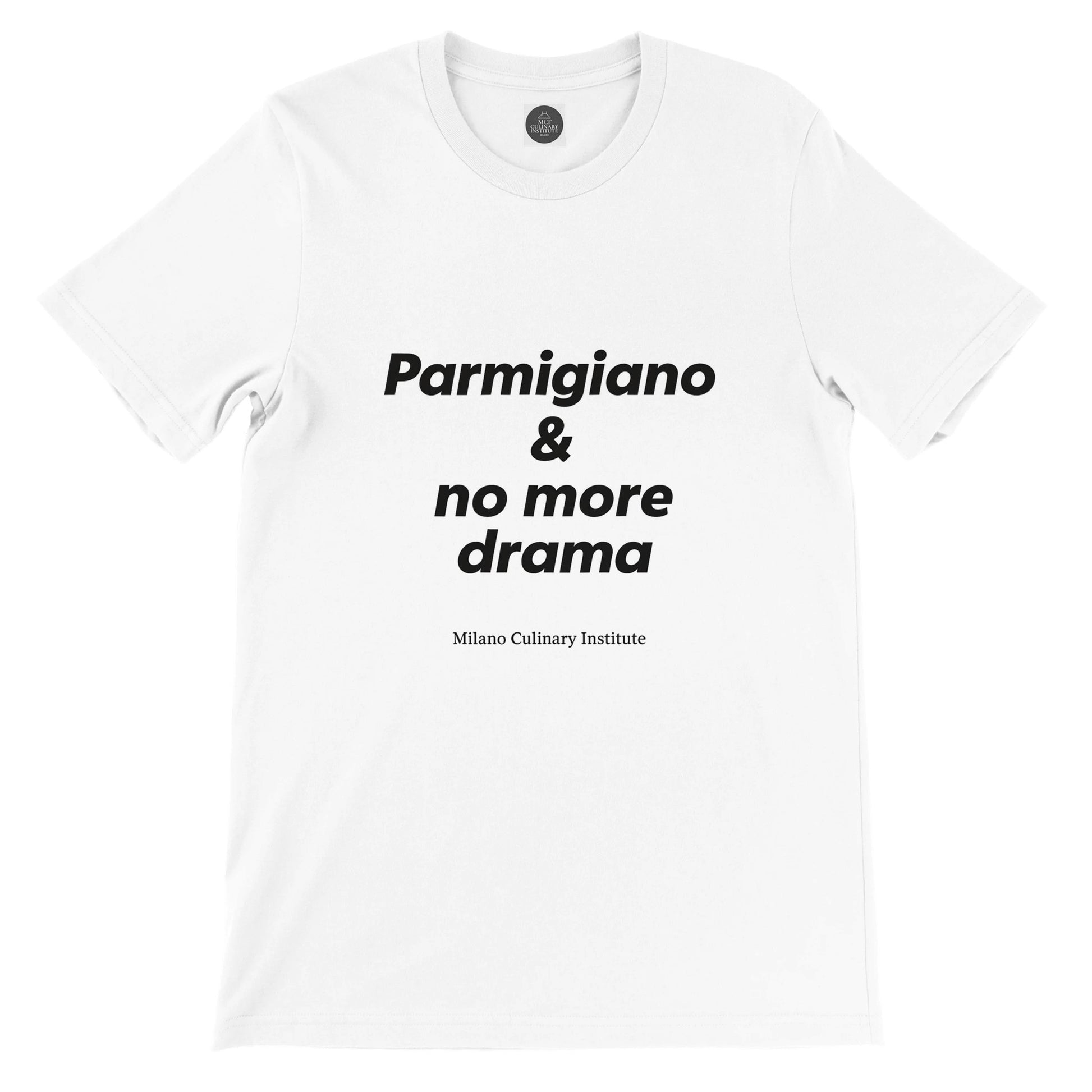 Parmigiano no more drama flat lay Milano Culinary Institute - product view Italian kitchen apparel