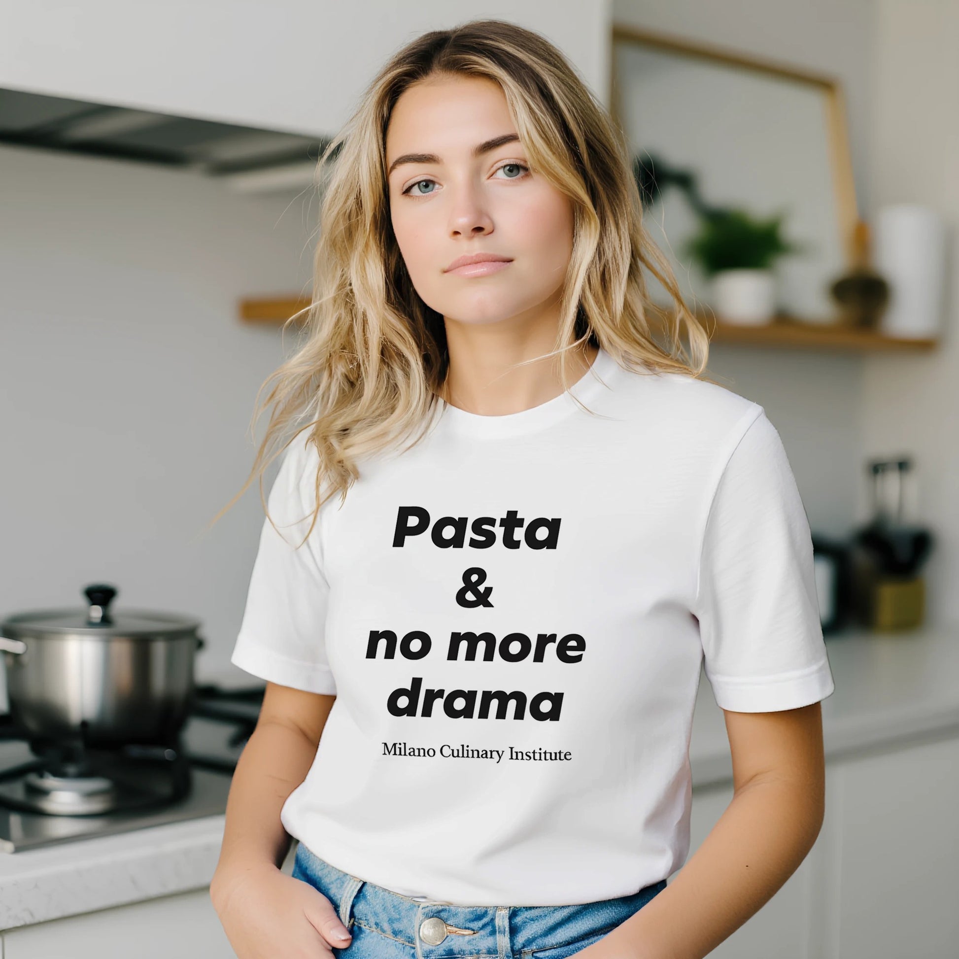 Pasta no more drama kitchen lifestyle Milano Culinary Institute - female chef cooking apparel