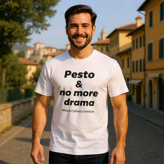 Pesto no more drama Italian countryside Milano Culinary Institute - group friends Italian cooking apparel
