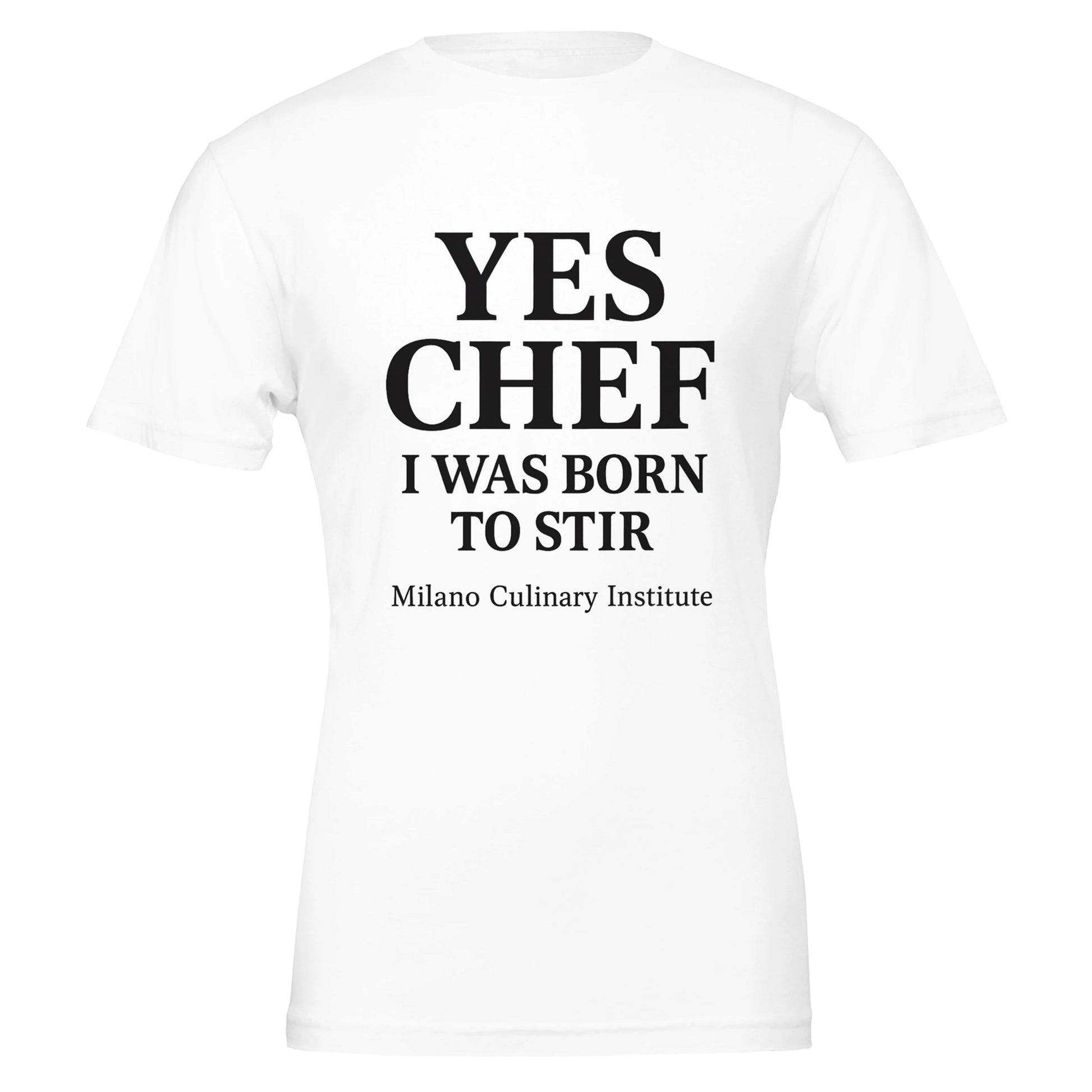 BornStir funny chef t-shirt by Milano Culinary Institute - design closeup Italian kitchen apparel