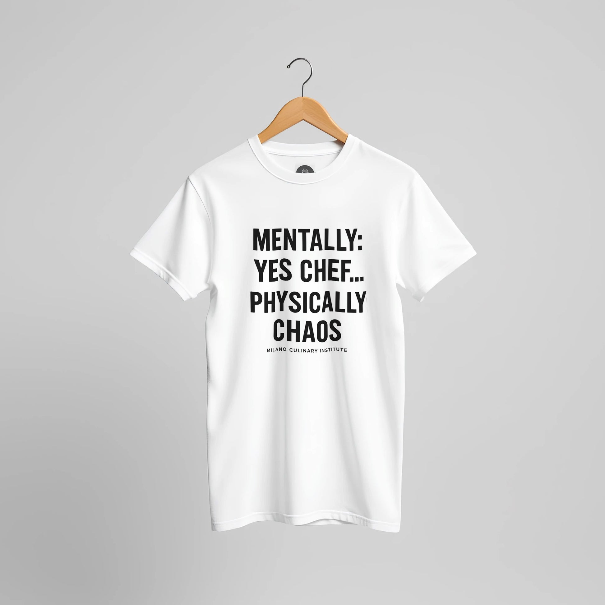 Chaos funny chef t-shirt by Milano Culinary Institute - hanger display professional Italian kitchen apparel