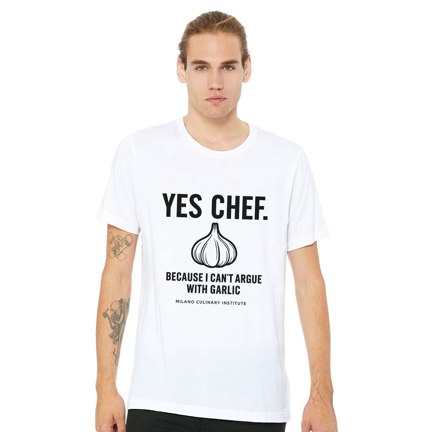 Garlic funny chef t-shirt by Milano Culinary Institute - male casual wear Italian kitchen apparel