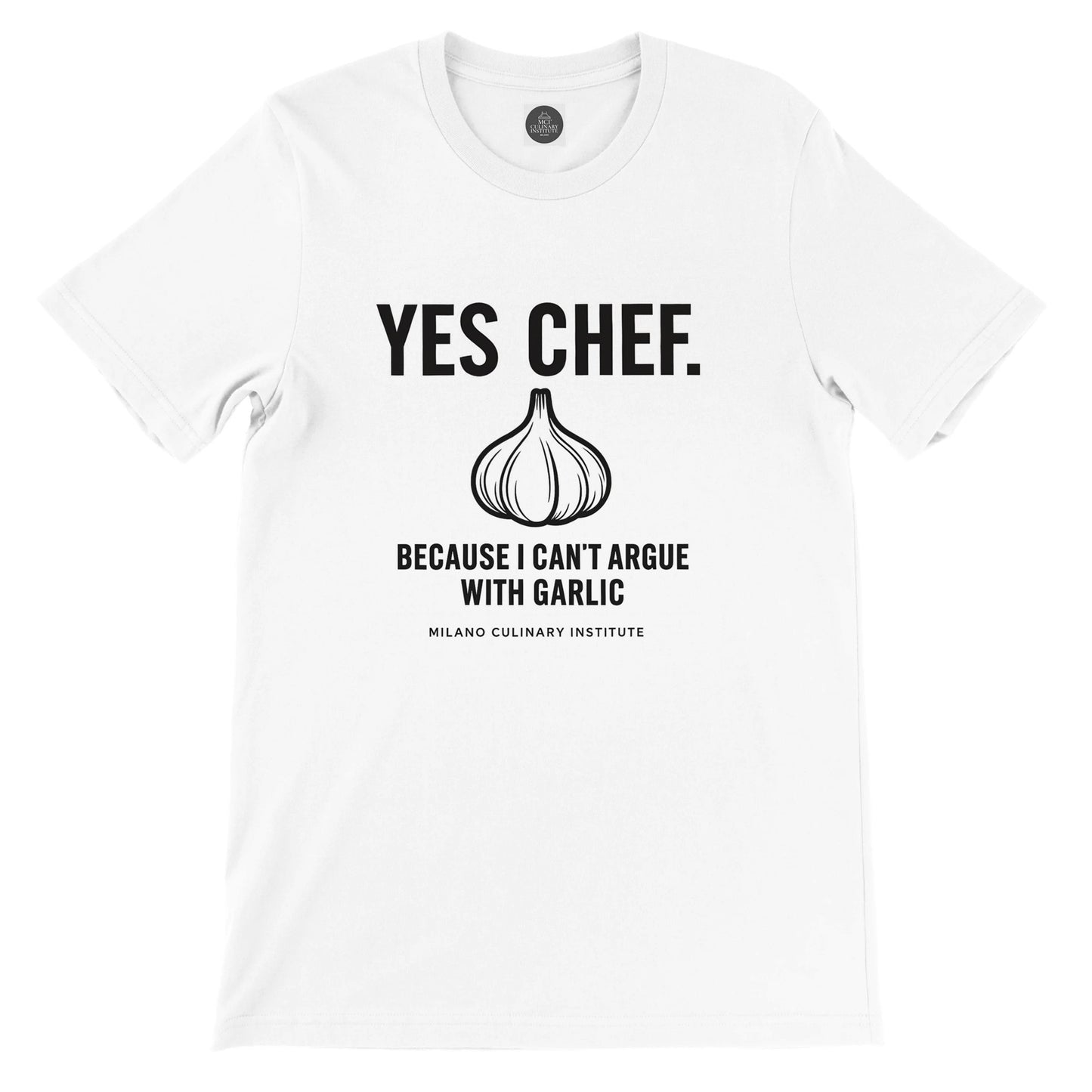 Garlic funny chef t-shirt by Milano Culinary Institute - front product view Italian kitchen apparel