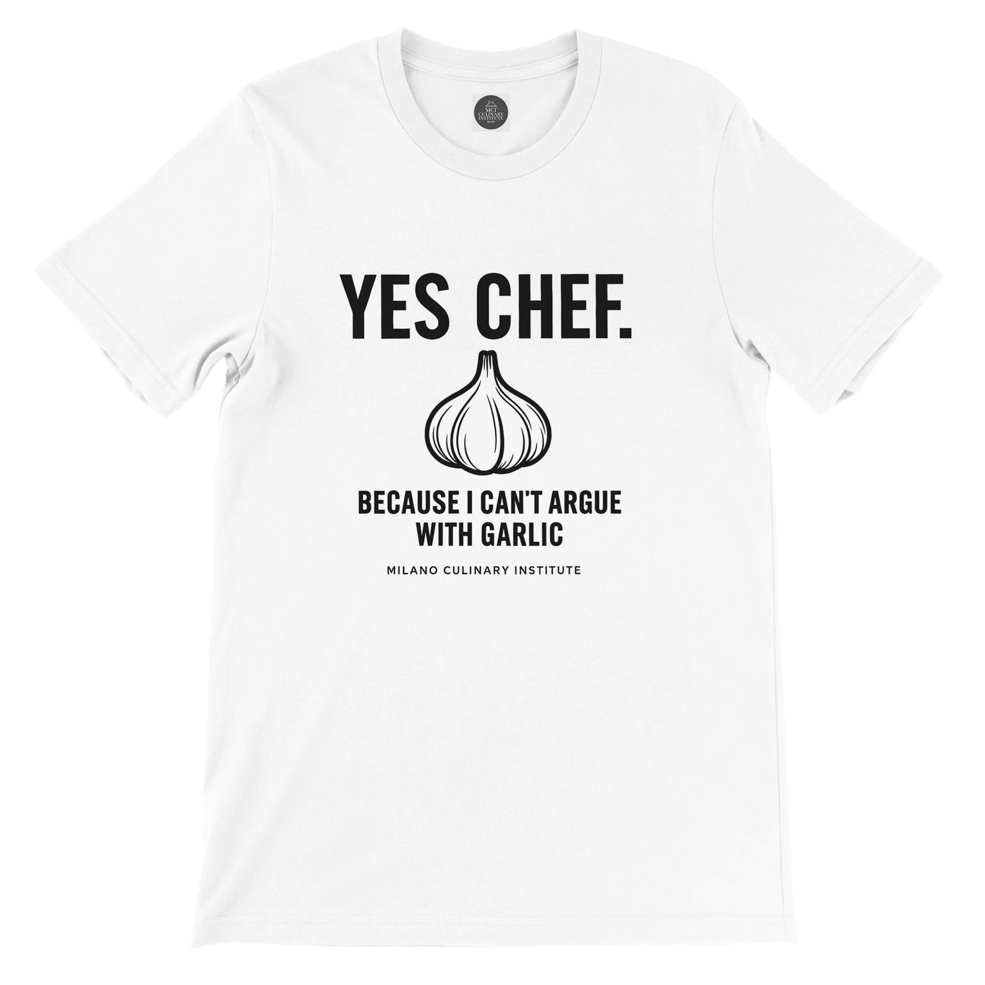 Garlic funny chef t-shirt by Milano Culinary Institute - front product view Italian kitchen apparel