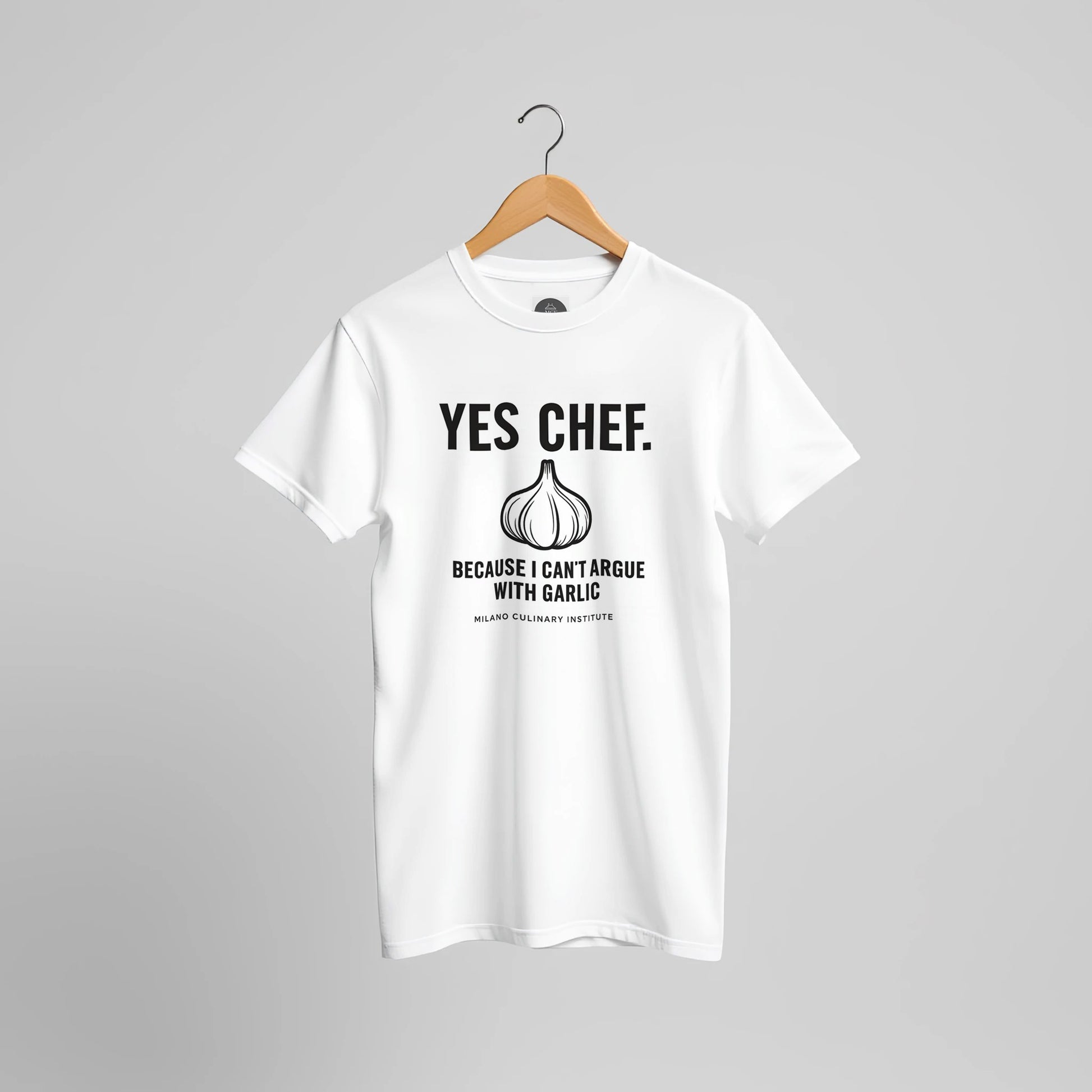 Garlic funny chef t-shirt by Milano Culinary Institute - hanger display professional Italian kitchen apparel