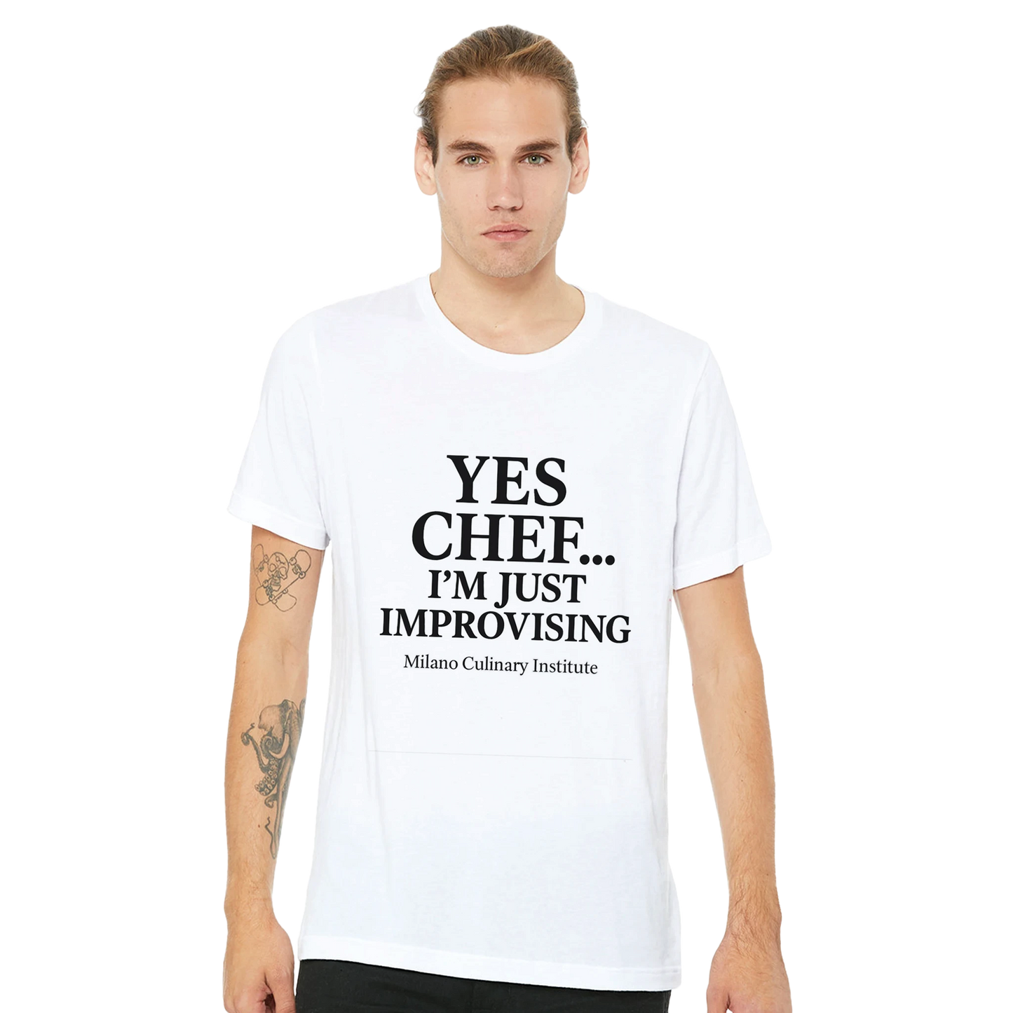 Improvising funny chef t-shirt by Milano Culinary Institute - male casual wear Italian kitchen apparel