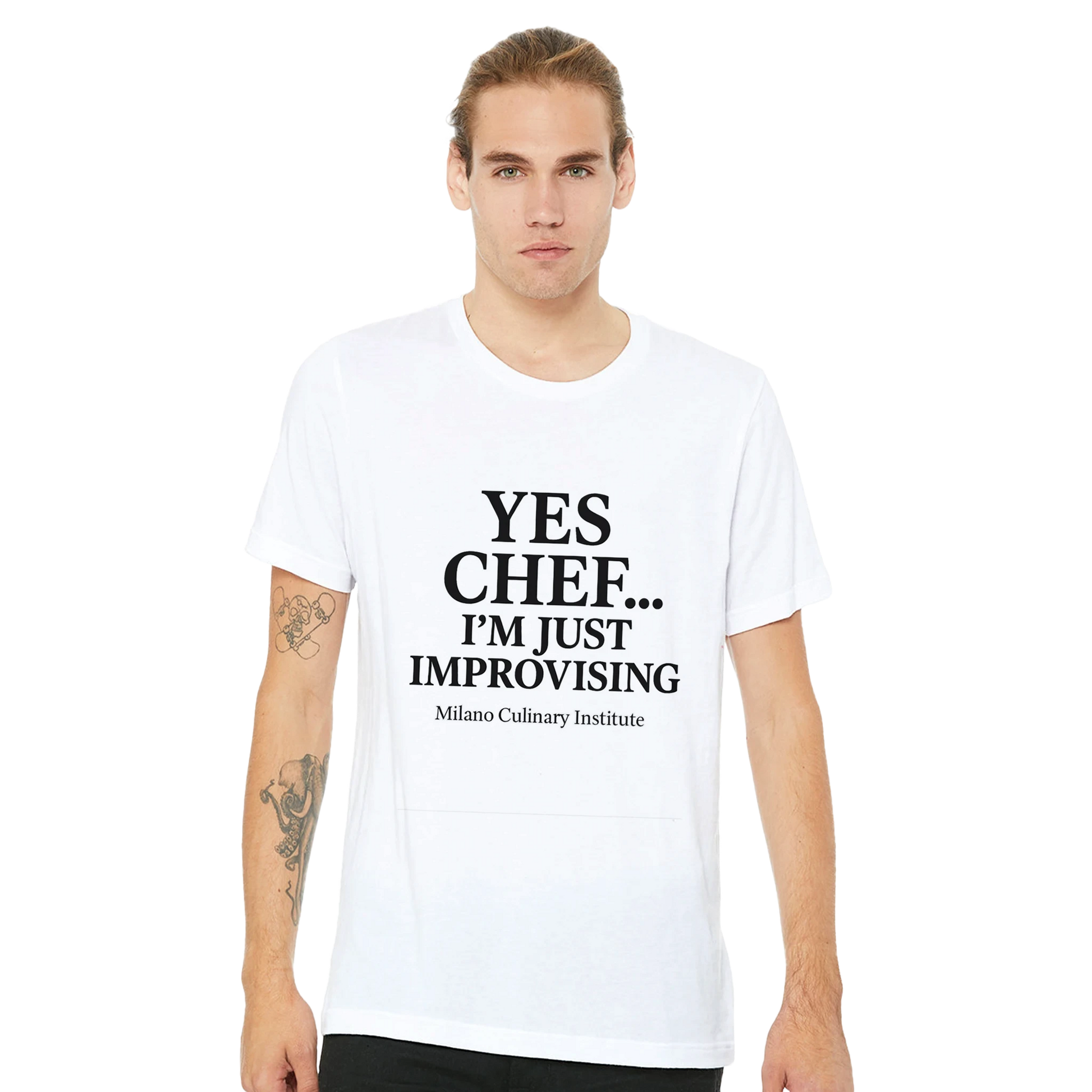 Improvising funny chef t-shirt by Milano Culinary Institute - male casual wear Italian kitchen apparel