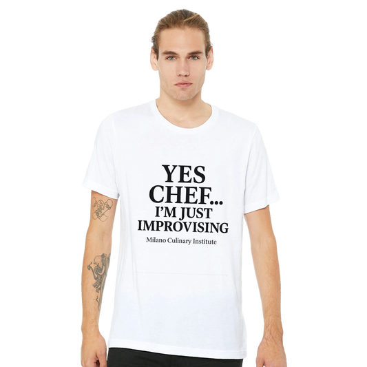 Improvising funny chef t-shirt by Milano Culinary Institute - male casual wear Italian kitchen apparel
