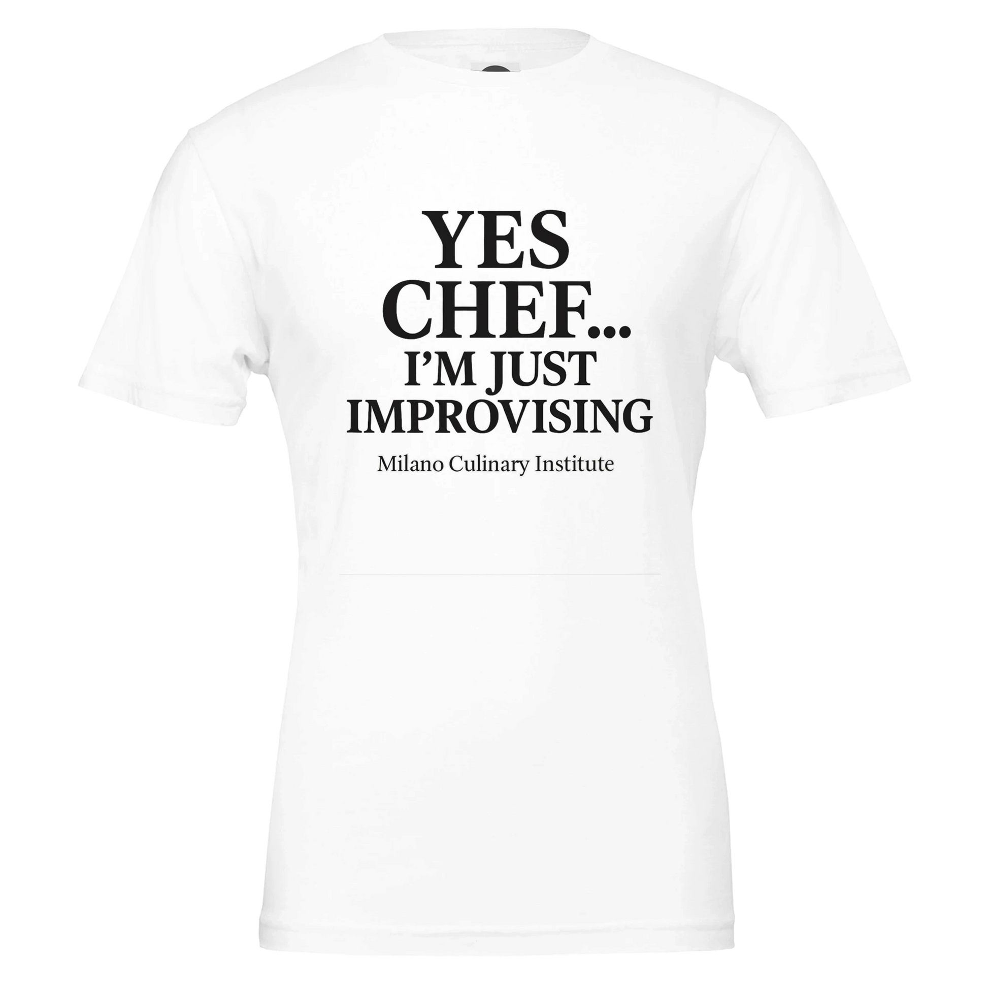Improvising funny chef t-shirt by Milano Culinary Institute - design closeup Italian kitchen apparel