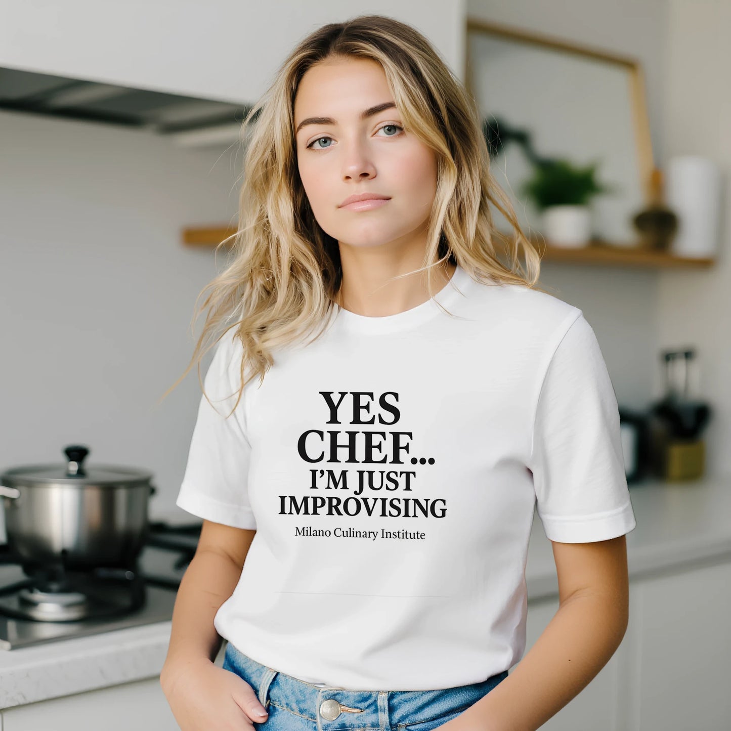 Improvising funny chef t-shirt by Milano Culinary Institute - female kitchen lifestyle Italian cooking apparel
