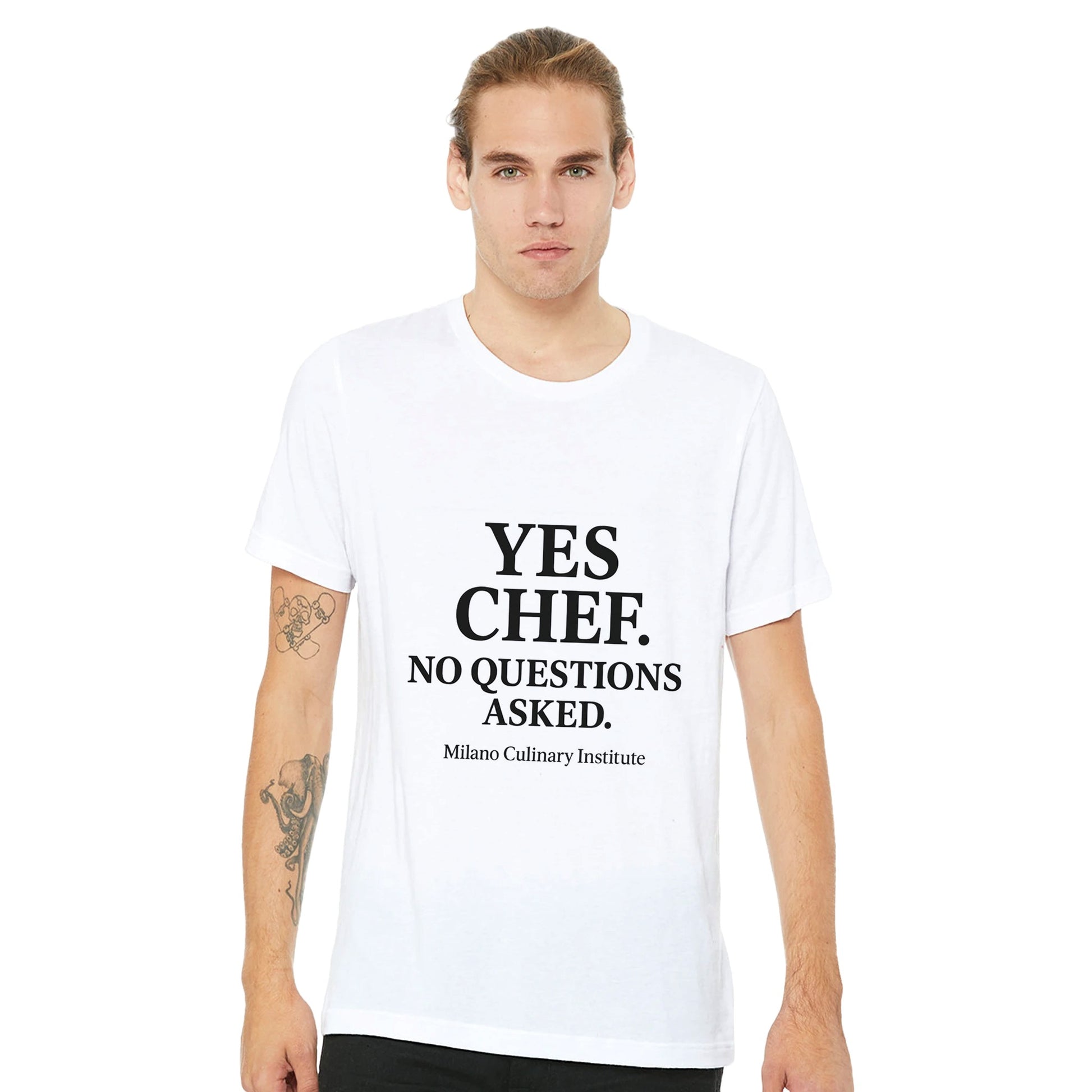 NoQuestions funny chef t-shirt by Milano Culinary Institute - male casual wear Italian kitchen apparel