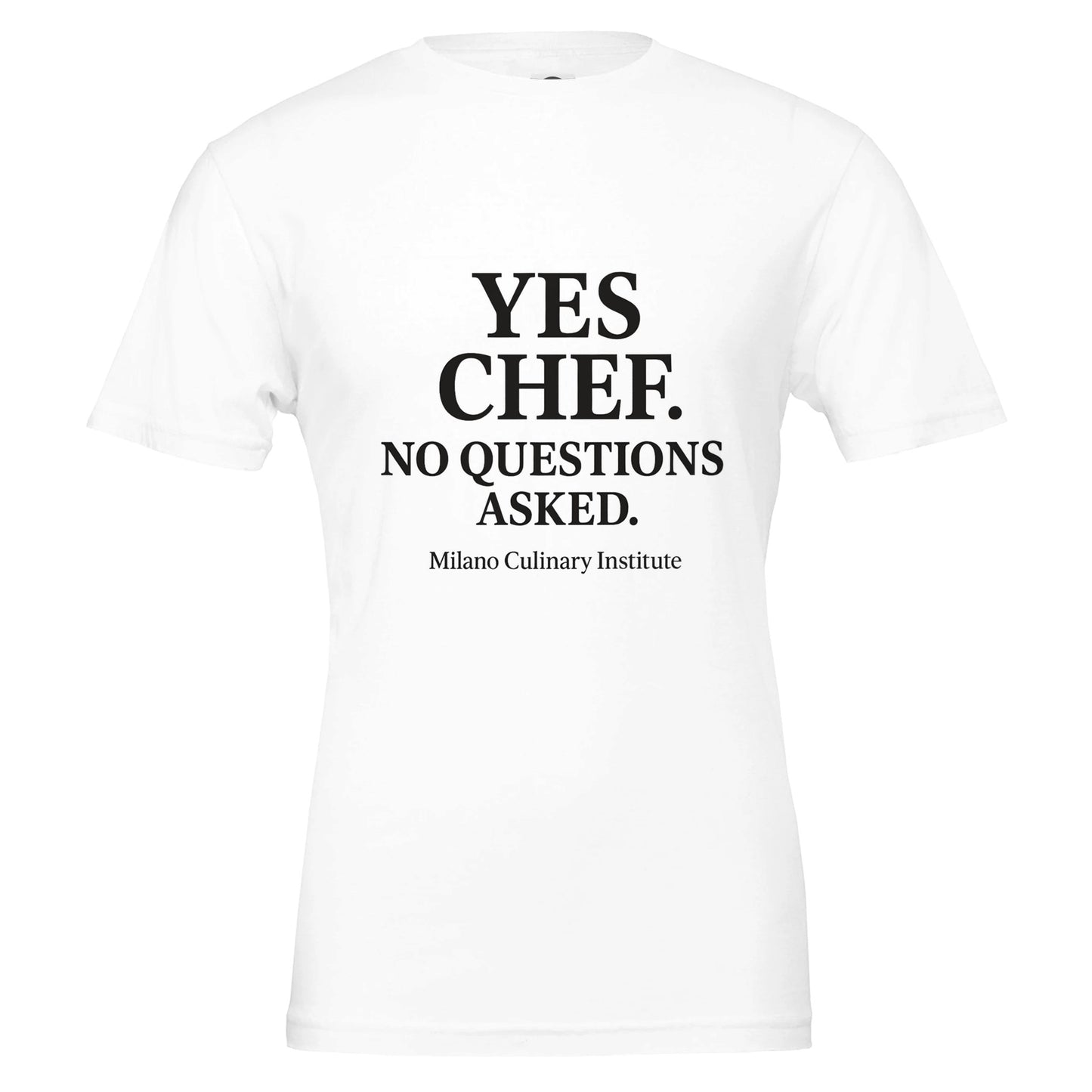 NoQuestions funny chef t-shirt by Milano Culinary Institute - design closeup Italian kitchen apparel