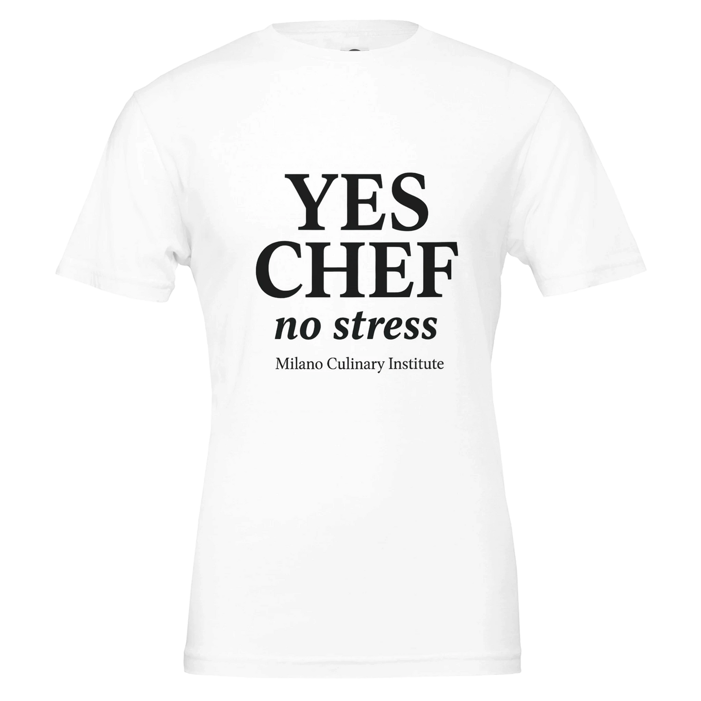 NoStress funny chef t-shirt by Milano Culinary Institute - design closeup Italian kitchen apparel"