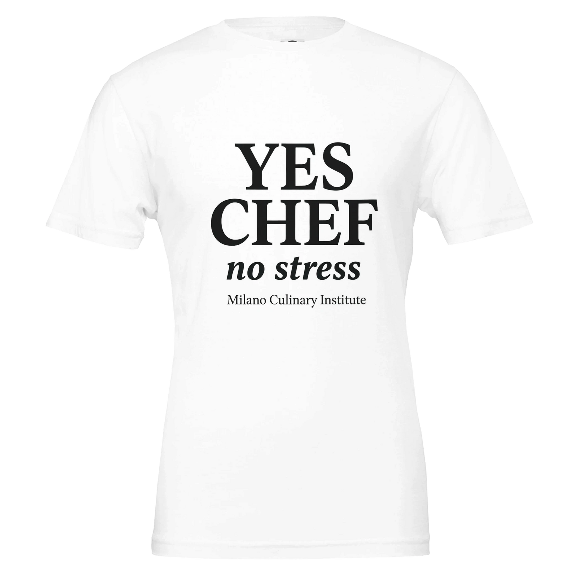 NoStress funny chef t-shirt by Milano Culinary Institute - design closeup Italian kitchen apparel"