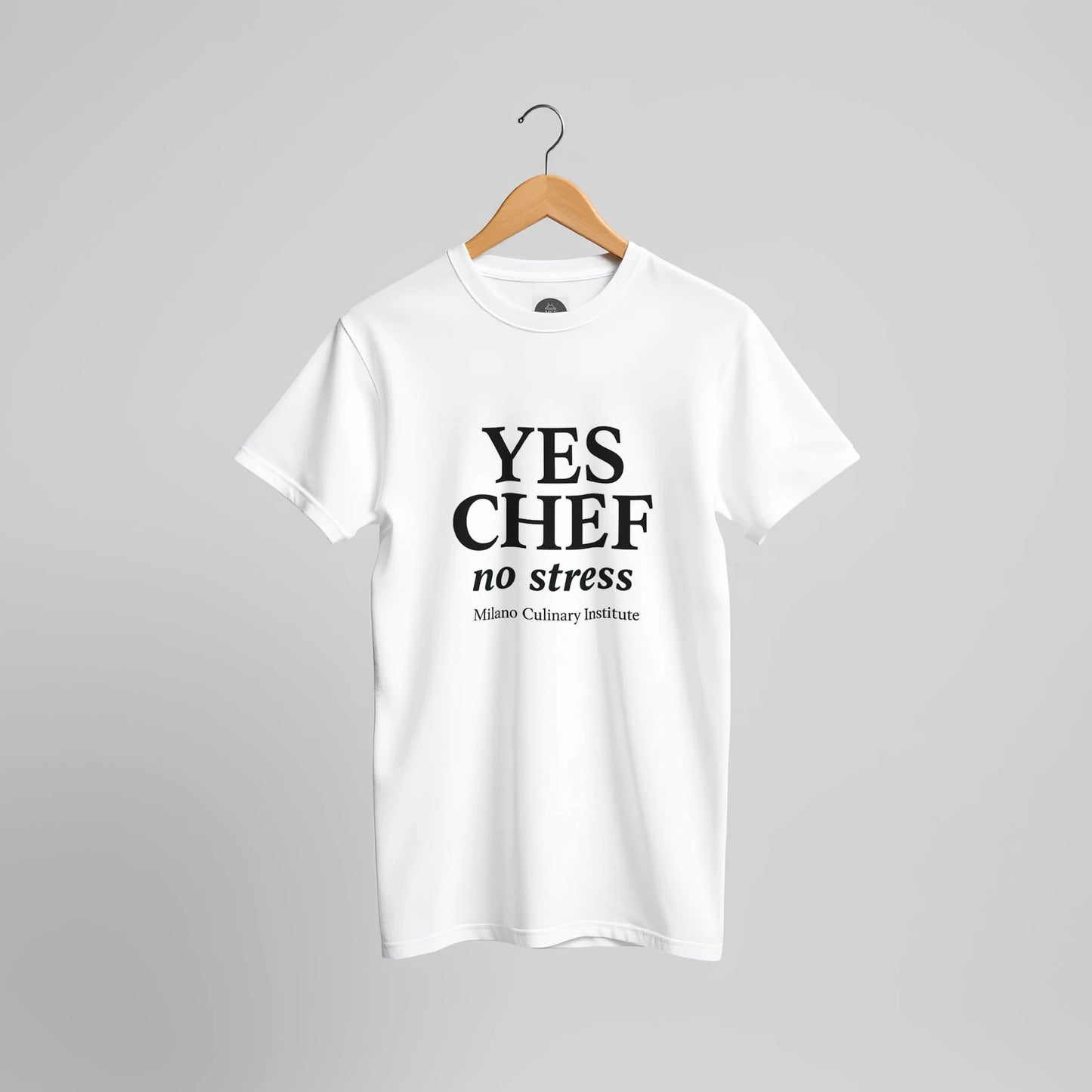 NoStress funny chef t-shirt by Milano Culinary Institute - hanger display professional Italian kitchen apparel