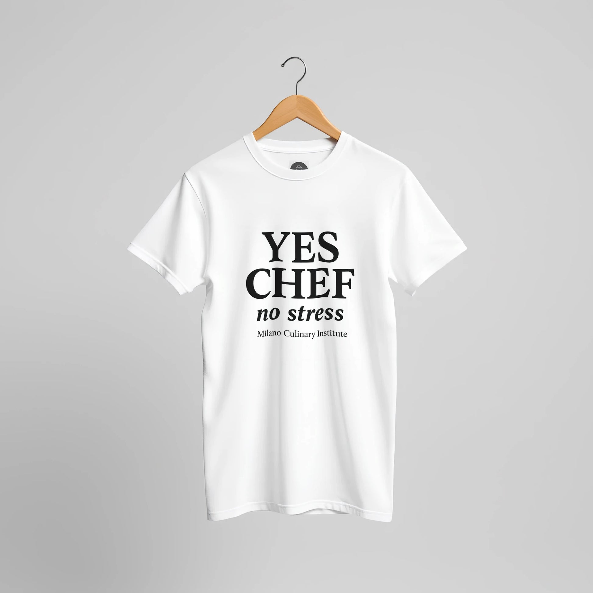 NoStress funny chef t-shirt by Milano Culinary Institute - hanger display professional Italian kitchen apparel