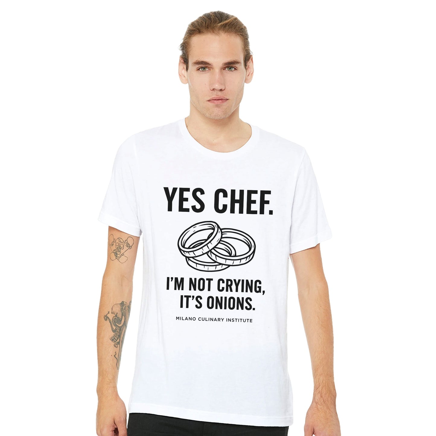 Onions funny chef t-shirt by Milano Culinary Institute - male casual wear Italian kitchen apparel