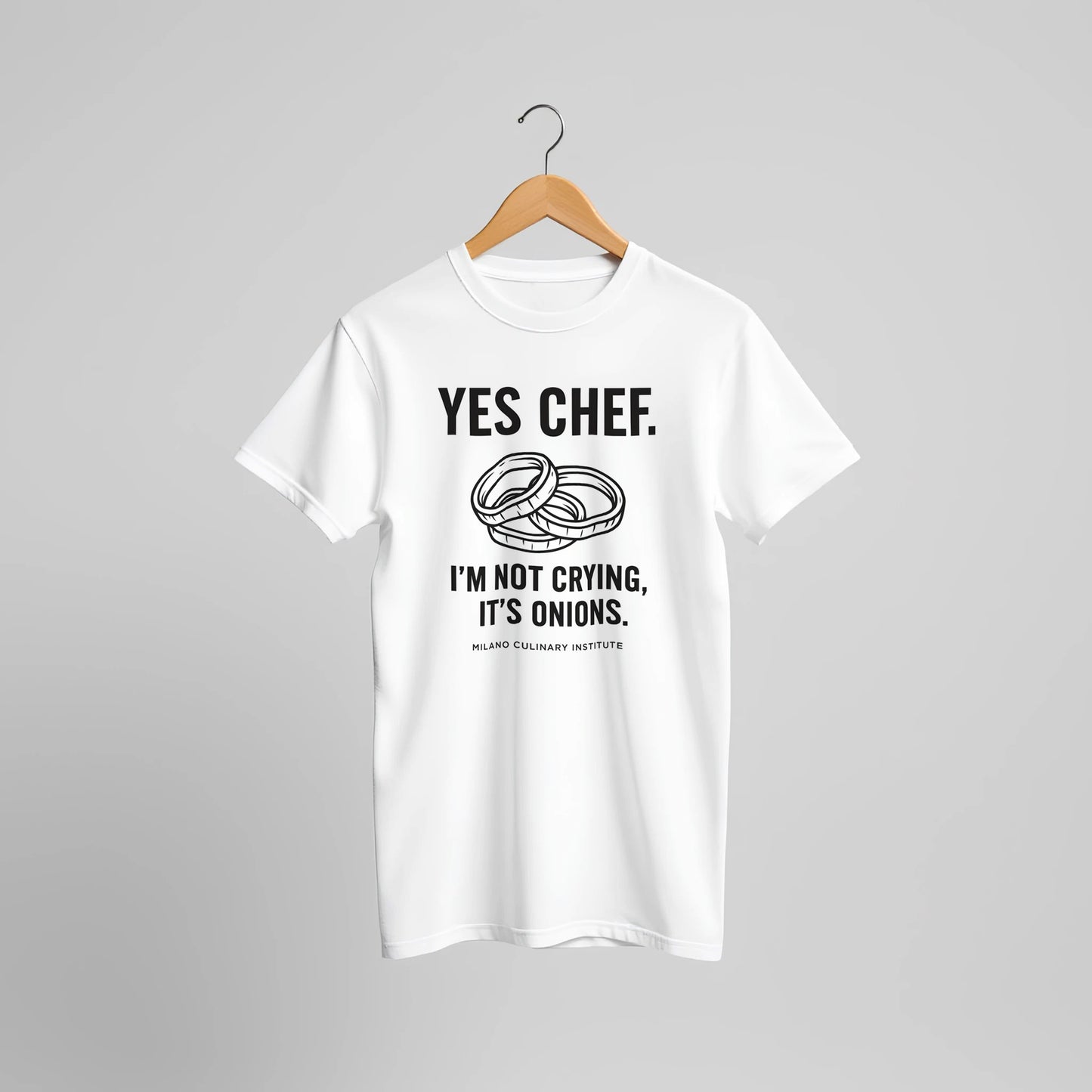 Onions funny chef t-shirt by Milano Culinary Institute - hanger display professional Italian kitchen apparel
