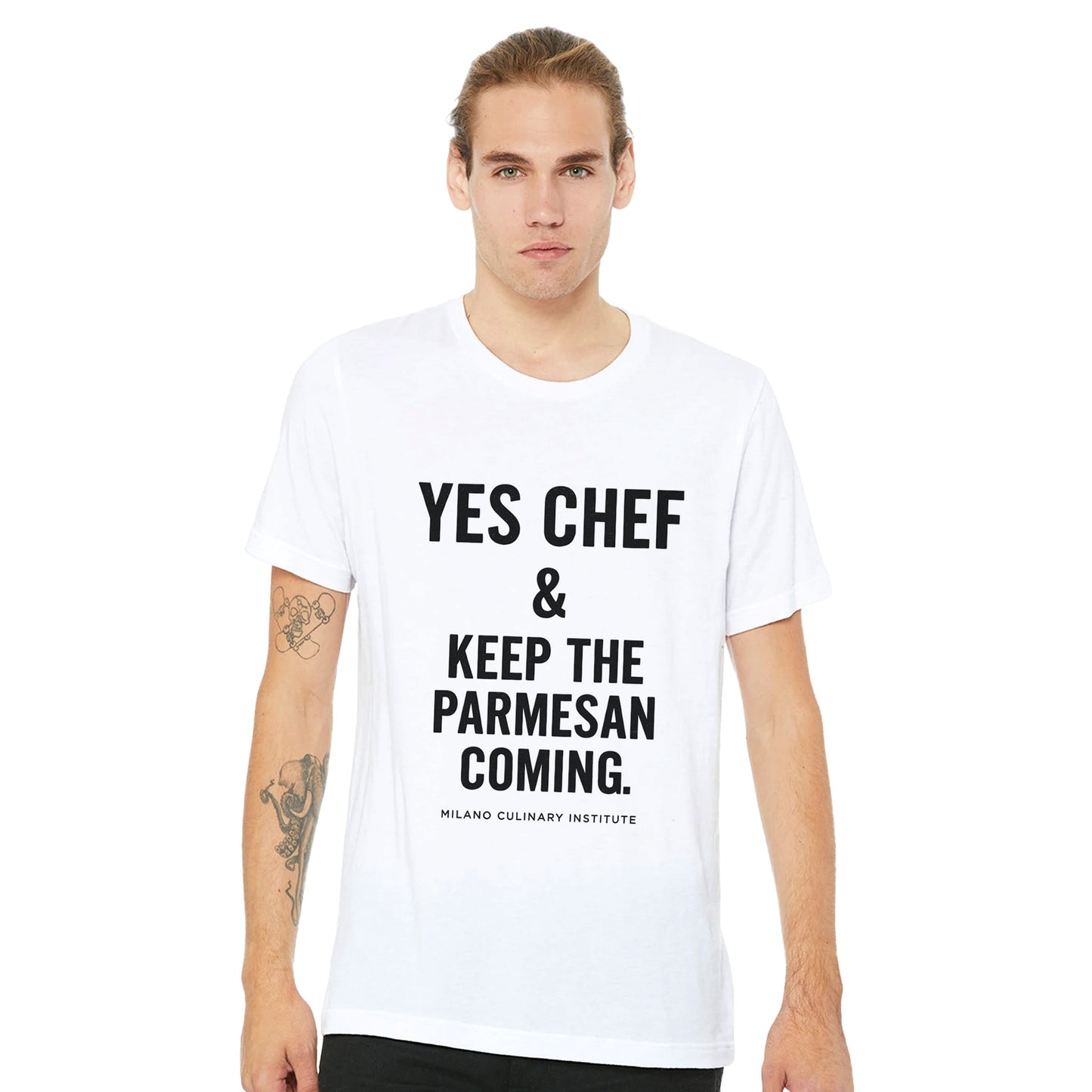 Parmesan funny chef t-shirt by Milano Culinary Institute - male casual wear Italian kitchen apparel
