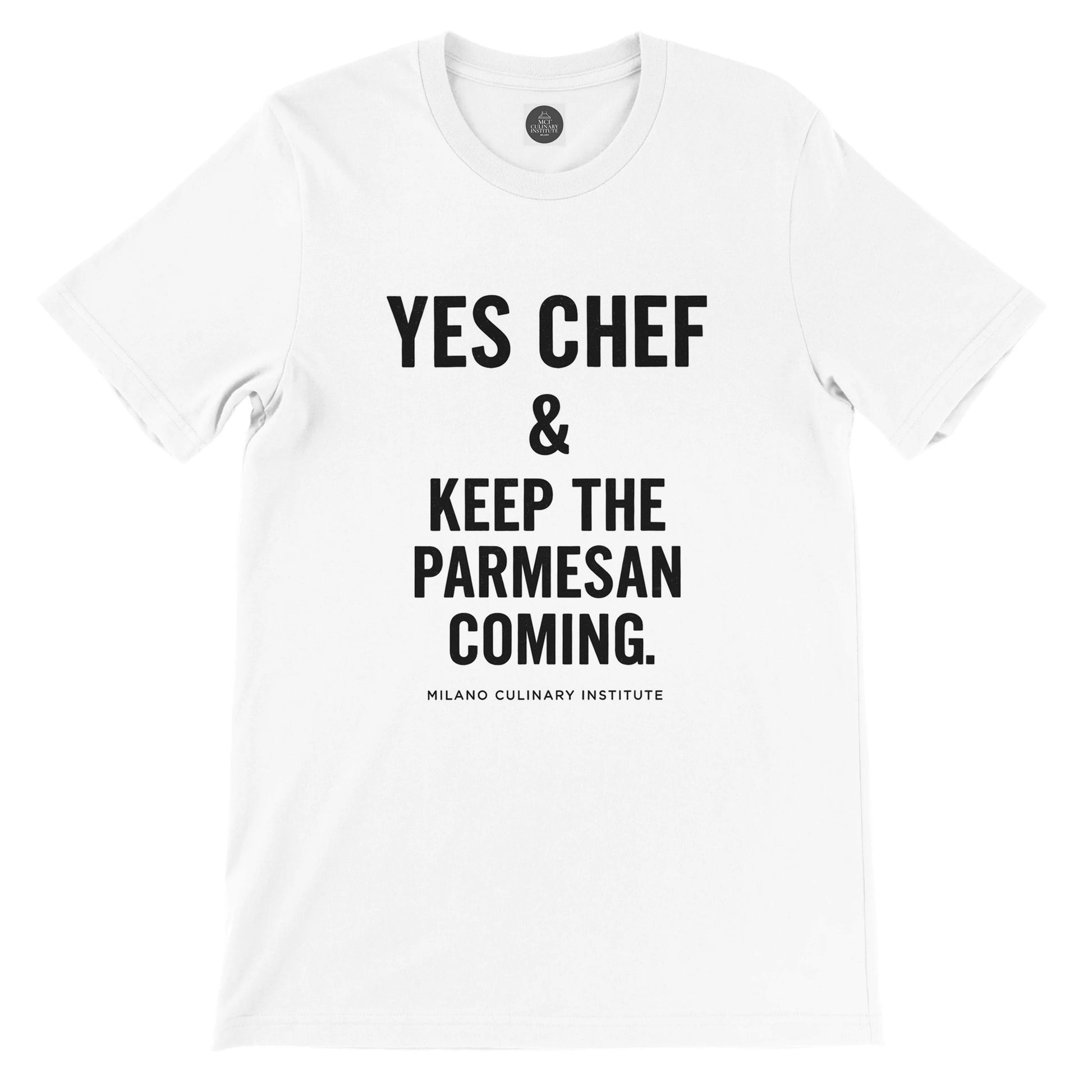 Parmesan funny chef t-shirt by Milano Culinary Institute - front product view Italian kitchen apparel