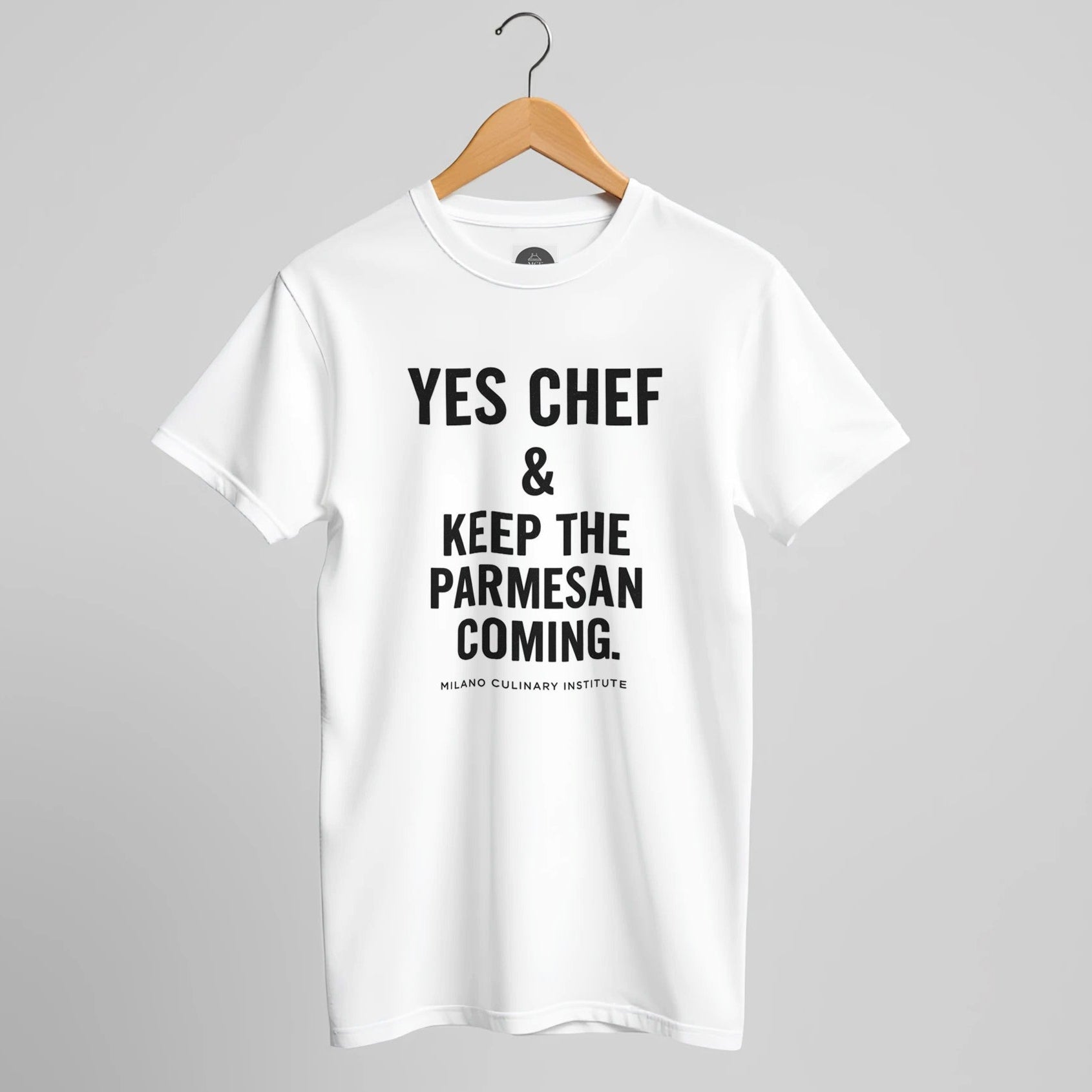 Parmesan funny chef t-shirt by Milano Culinary Institute - hanger display professional Italian kitchen apparel