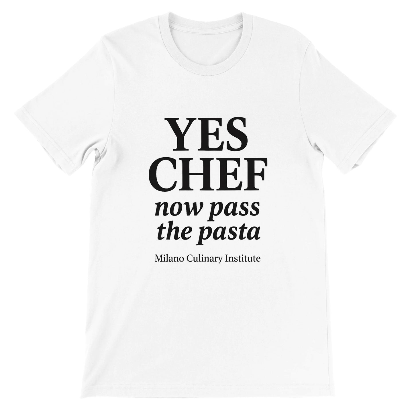 Pasta funny chef t-shirt by Milano Culinary Institute - front product view Italian kitchen apparel