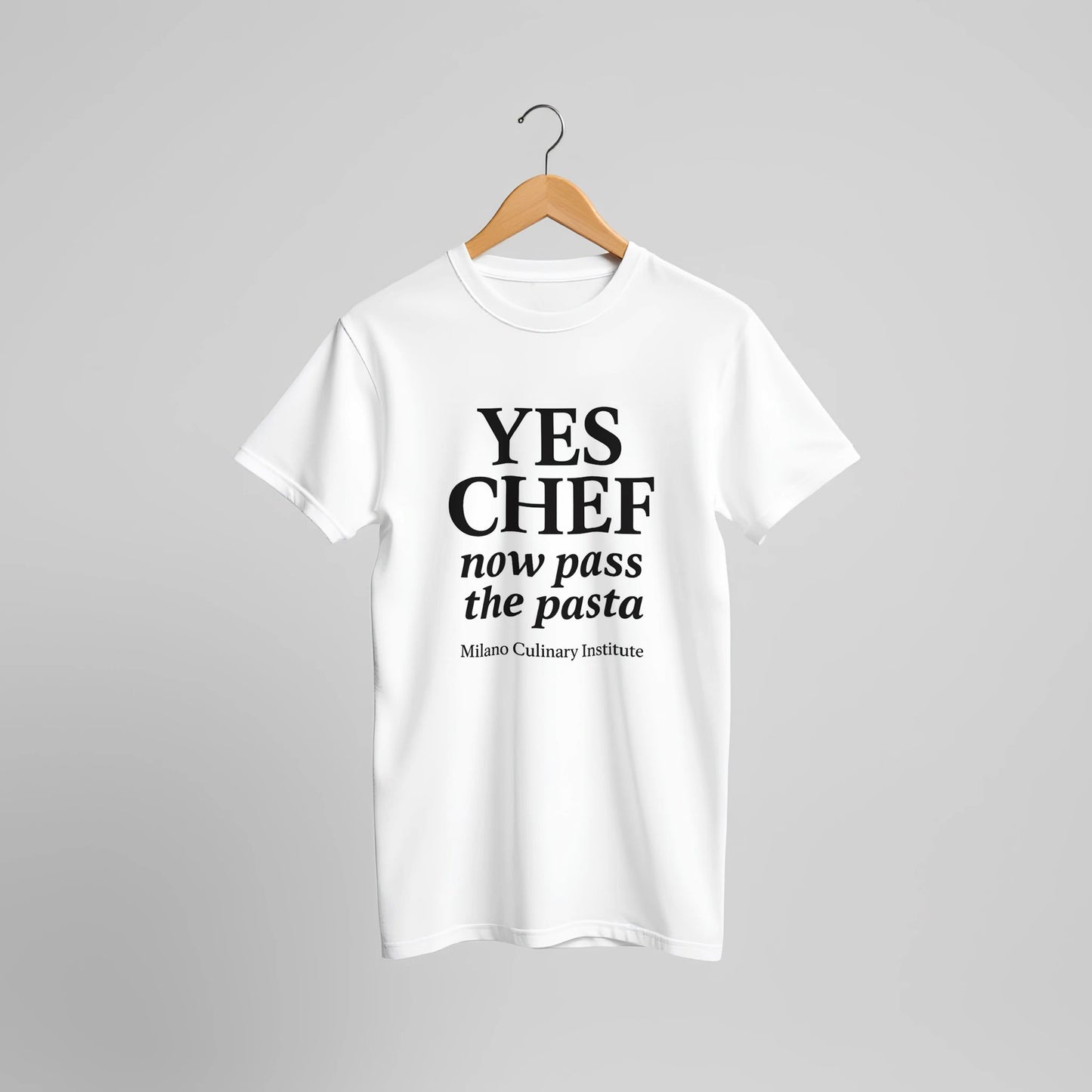 Pasta funny chef t-shirt by Milano Culinary Institute - hanger display professional Italian kitchen apparel