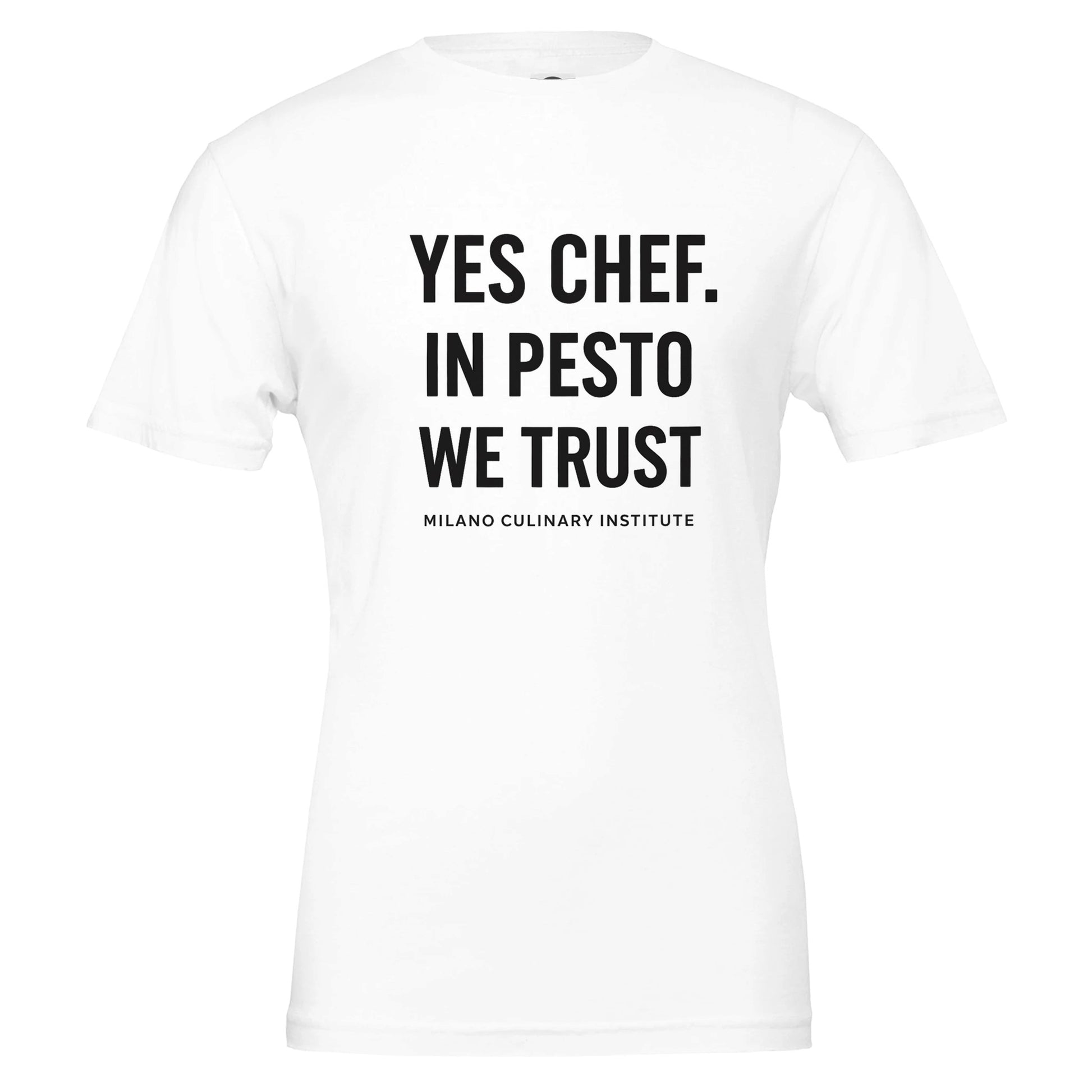 PestoTrust funny chef t-shirt by Milano Culinary Institute - design closeup Italian kitchen apparel