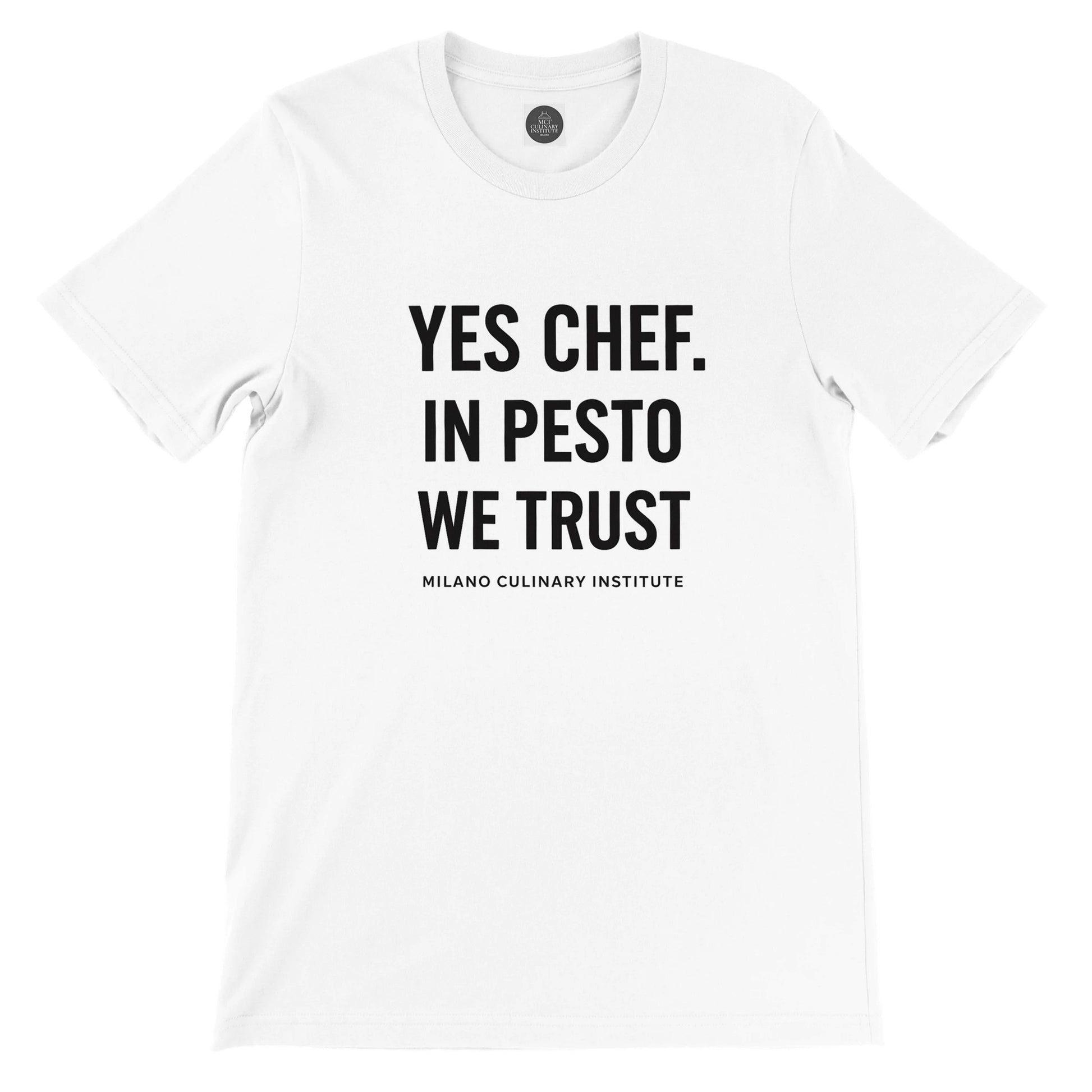 PestoTrust funny chef t-shirt by Milano Culinary Institute - front product view Italian kitchen apparel
