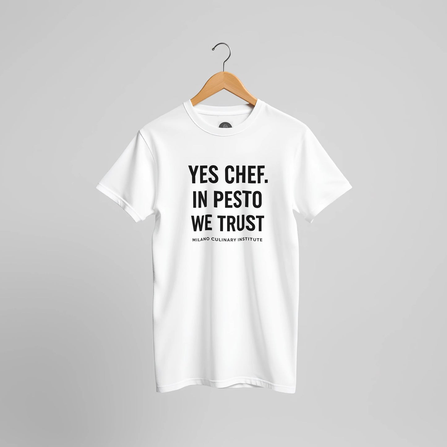 PestoTrust funny chef t-shirt by Milano Culinary Institute - hanger display professional Italian kitchen apparel