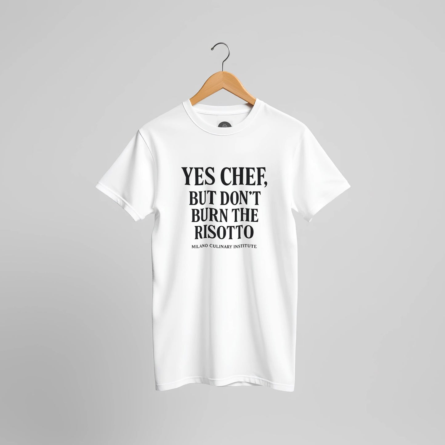 Risotto funny chef t-shirt by Milano Culinary Institute - hanger display professional Italian kitchen apparel