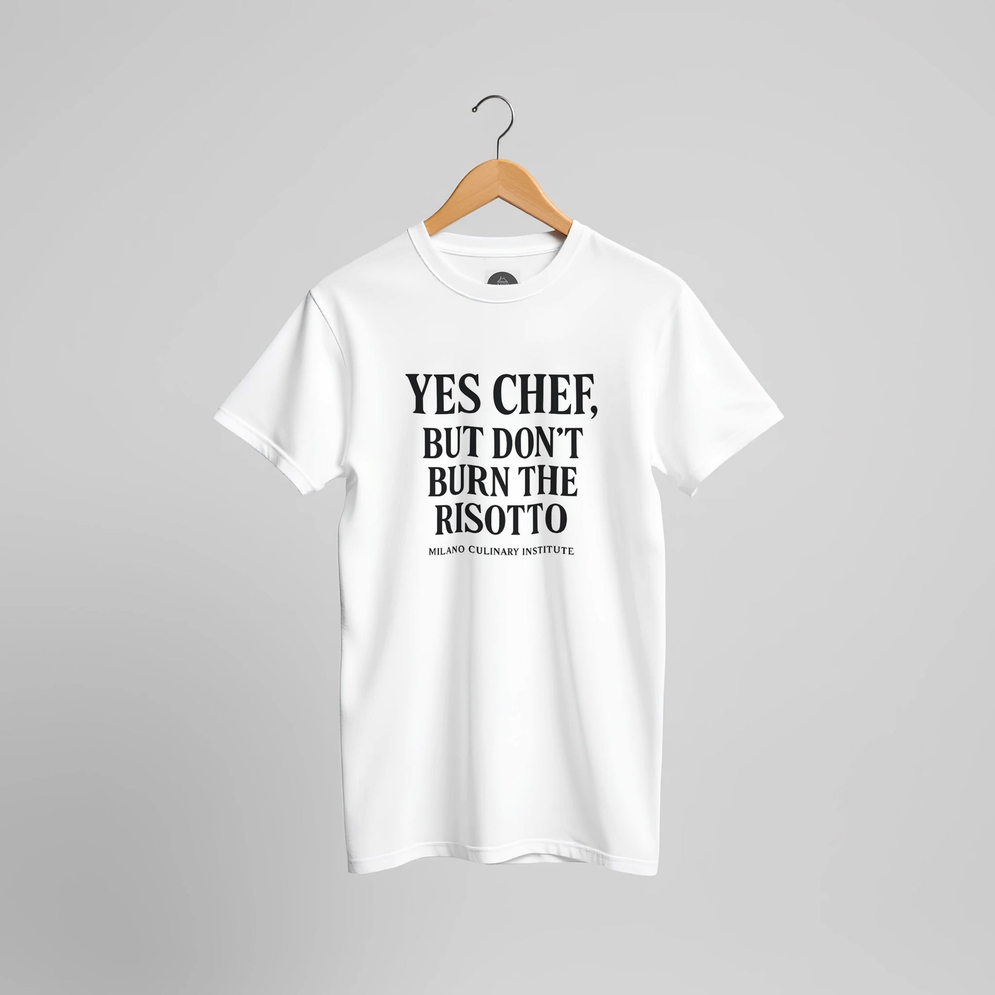 Risotto funny chef t-shirt by Milano Culinary Institute - hanger display professional Italian kitchen apparel