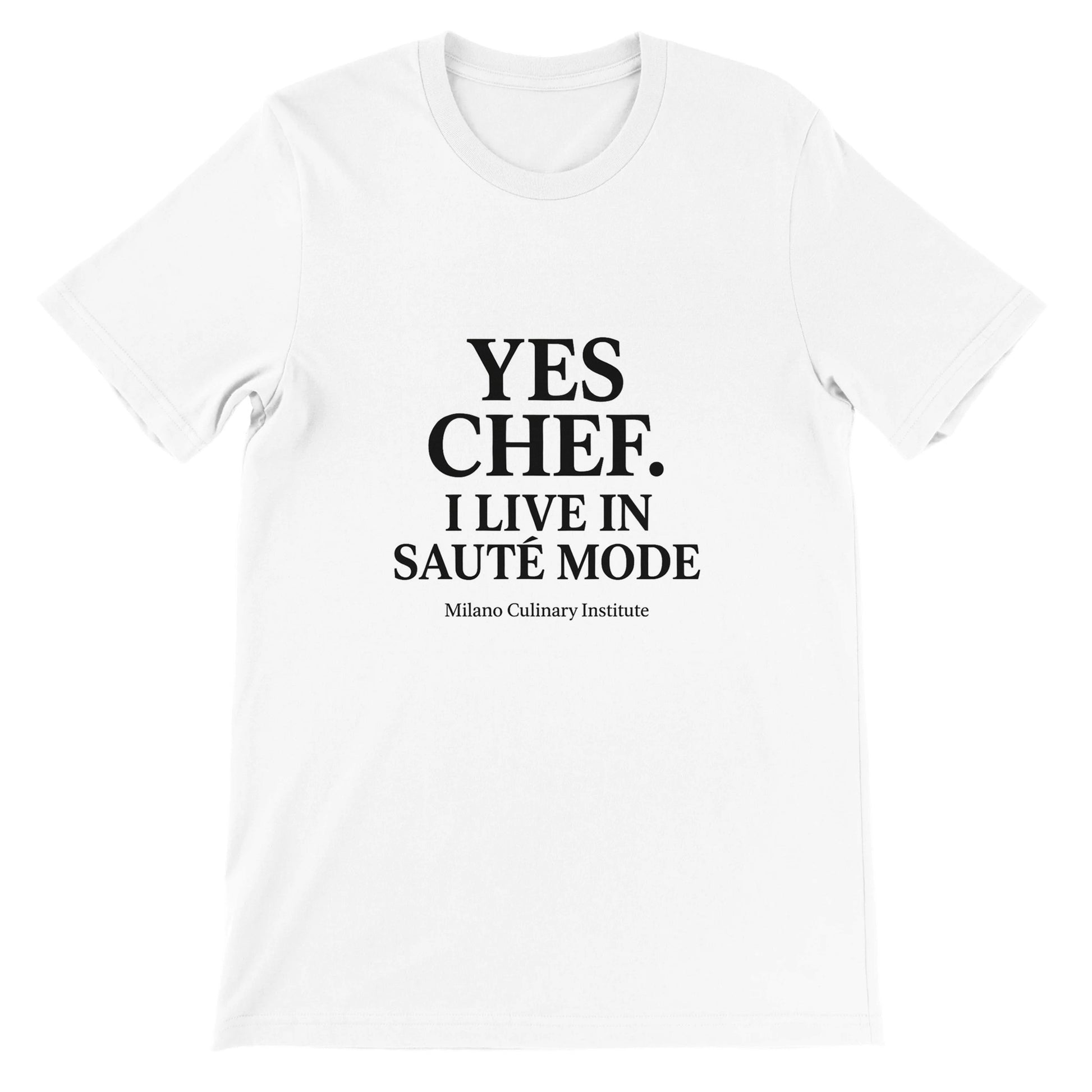 SauteMode funny chef t-shirt by Milano Culinary Institute - front product view Italian kitchen apparel