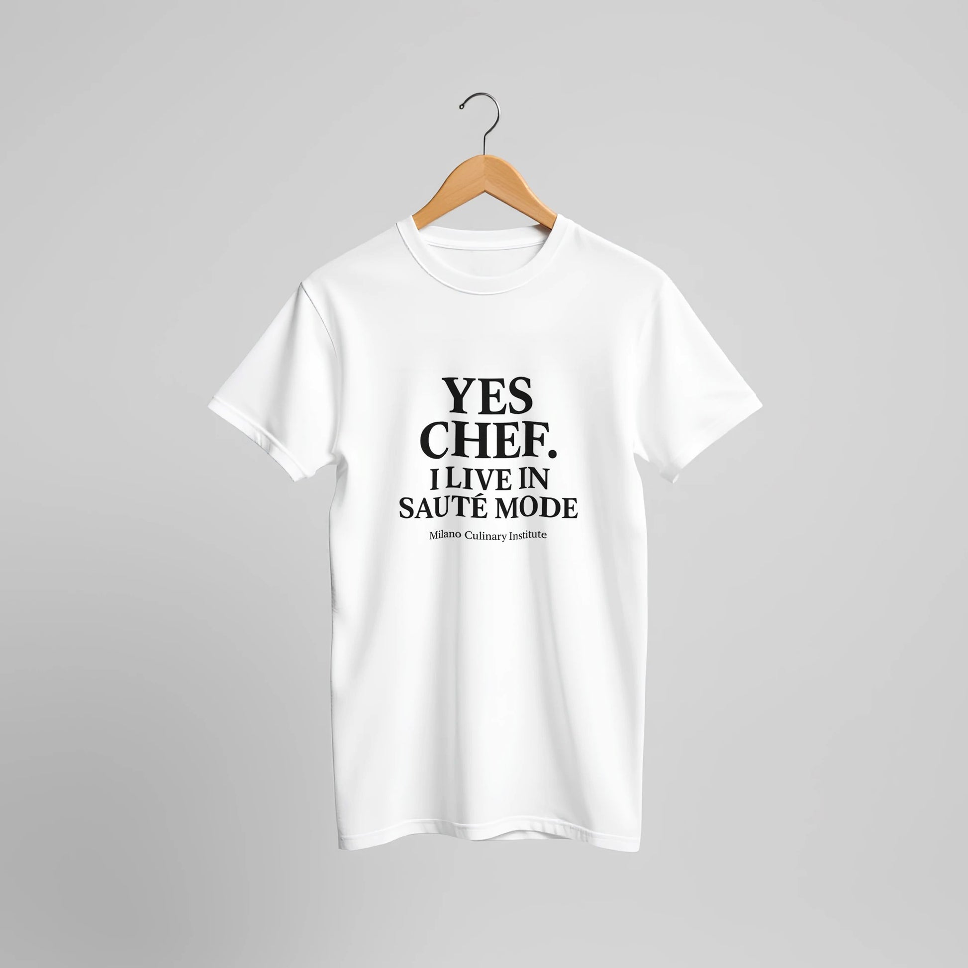 SauteMode funny chef t-shirt by Milano Culinary Institute - hanger display professional Italian kitchen apparel