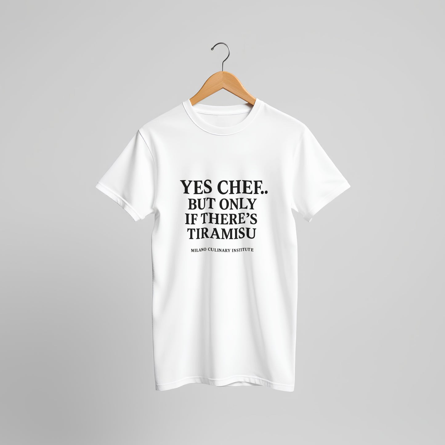 Tiramisu funny chef t-shirt by Milano Culinary Institute - hanger display professional Italian kitchen apparel